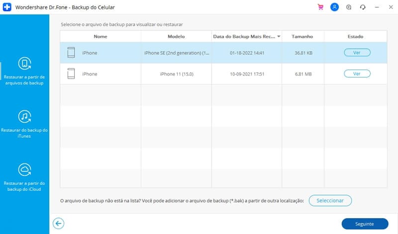 ver os dados dos quais você fez backup