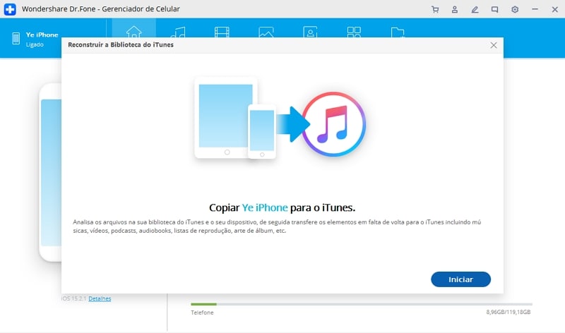 Transfira músicas não adquiridas do iPod para o iTunes - Transfira do iPod para o iTunes - clique em Iniciar