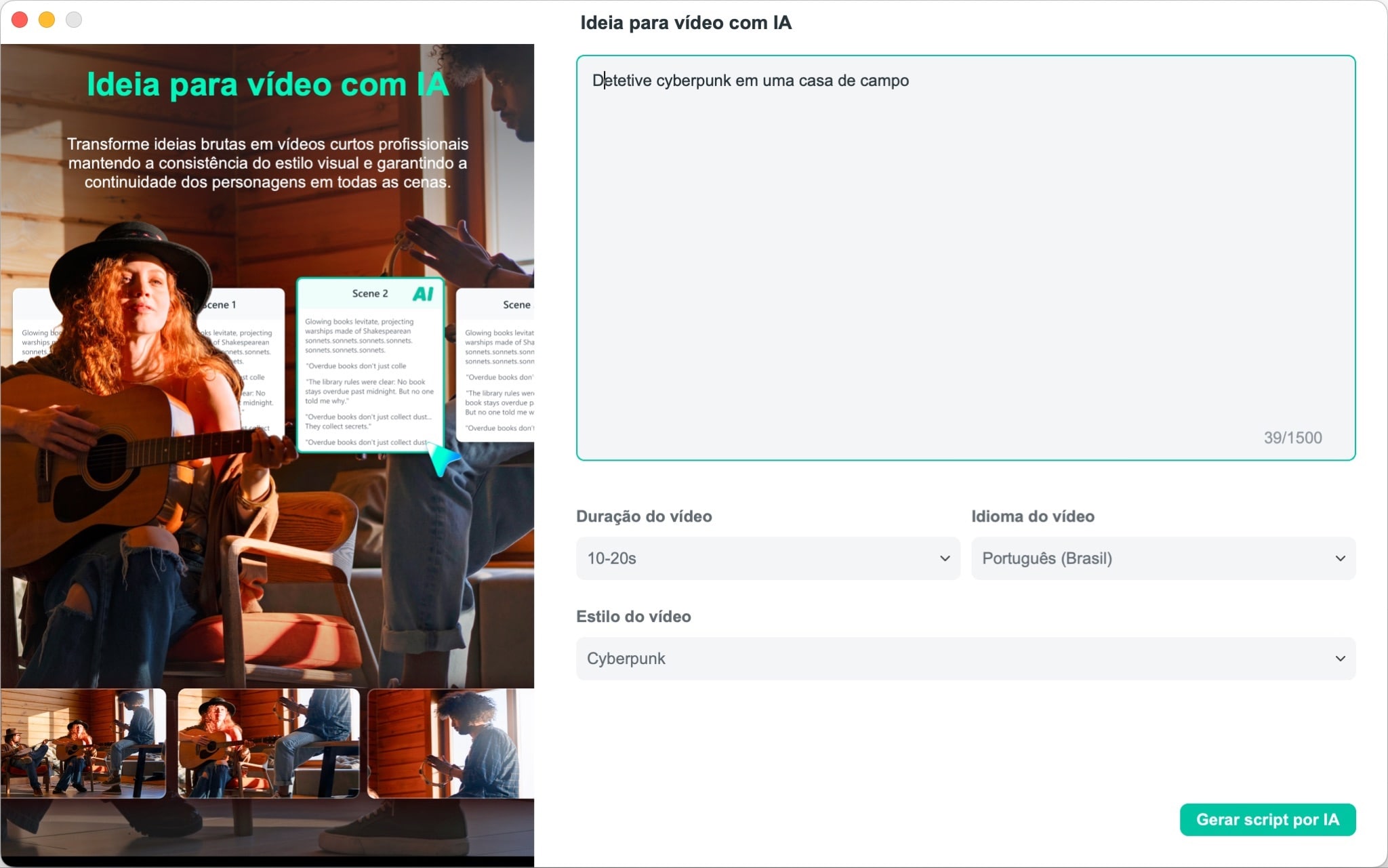 Configurações de estilo e duração no Storyboard Generator.