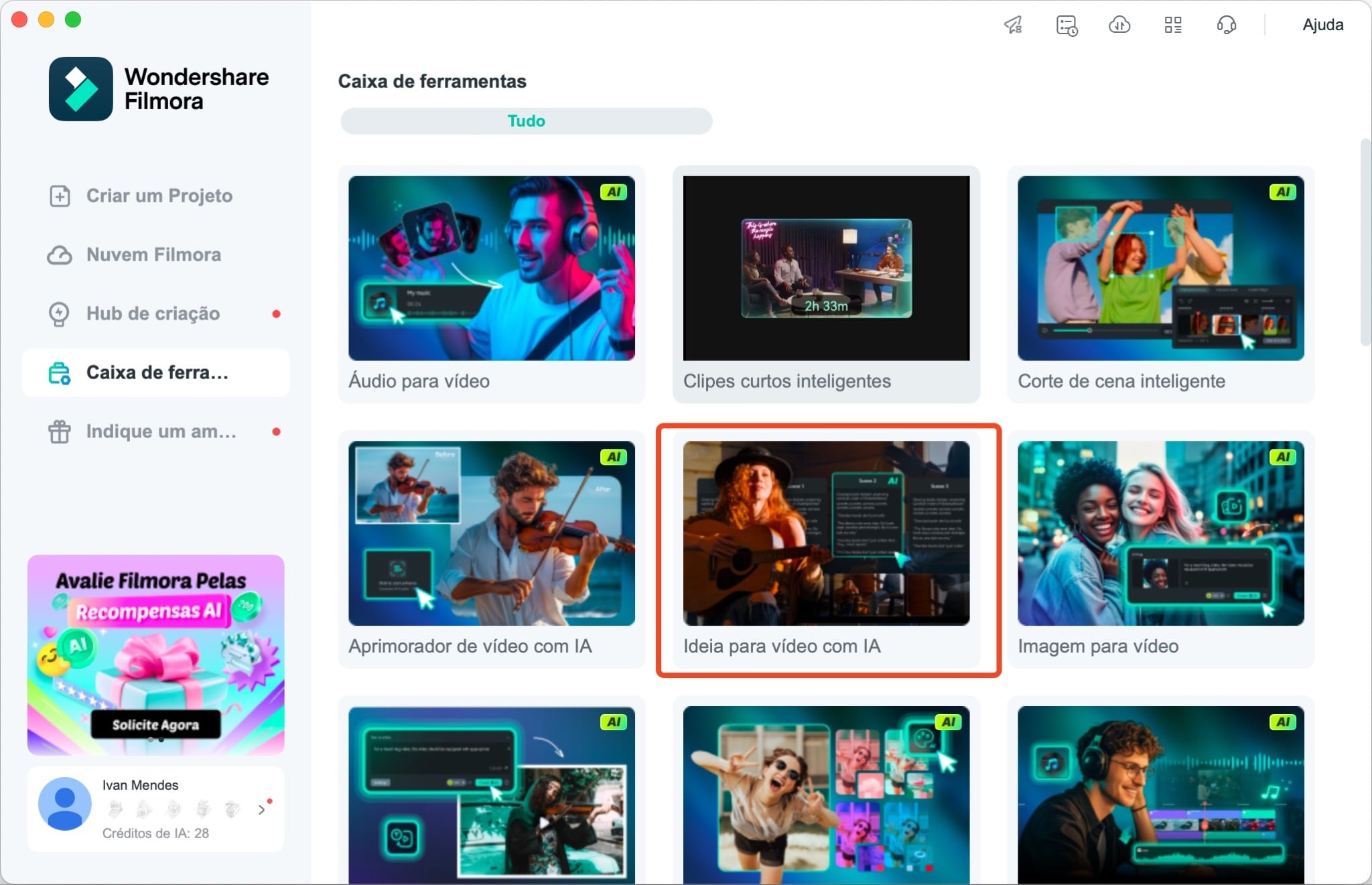 Funcionalidade Ideia para vídeo no Filmora.