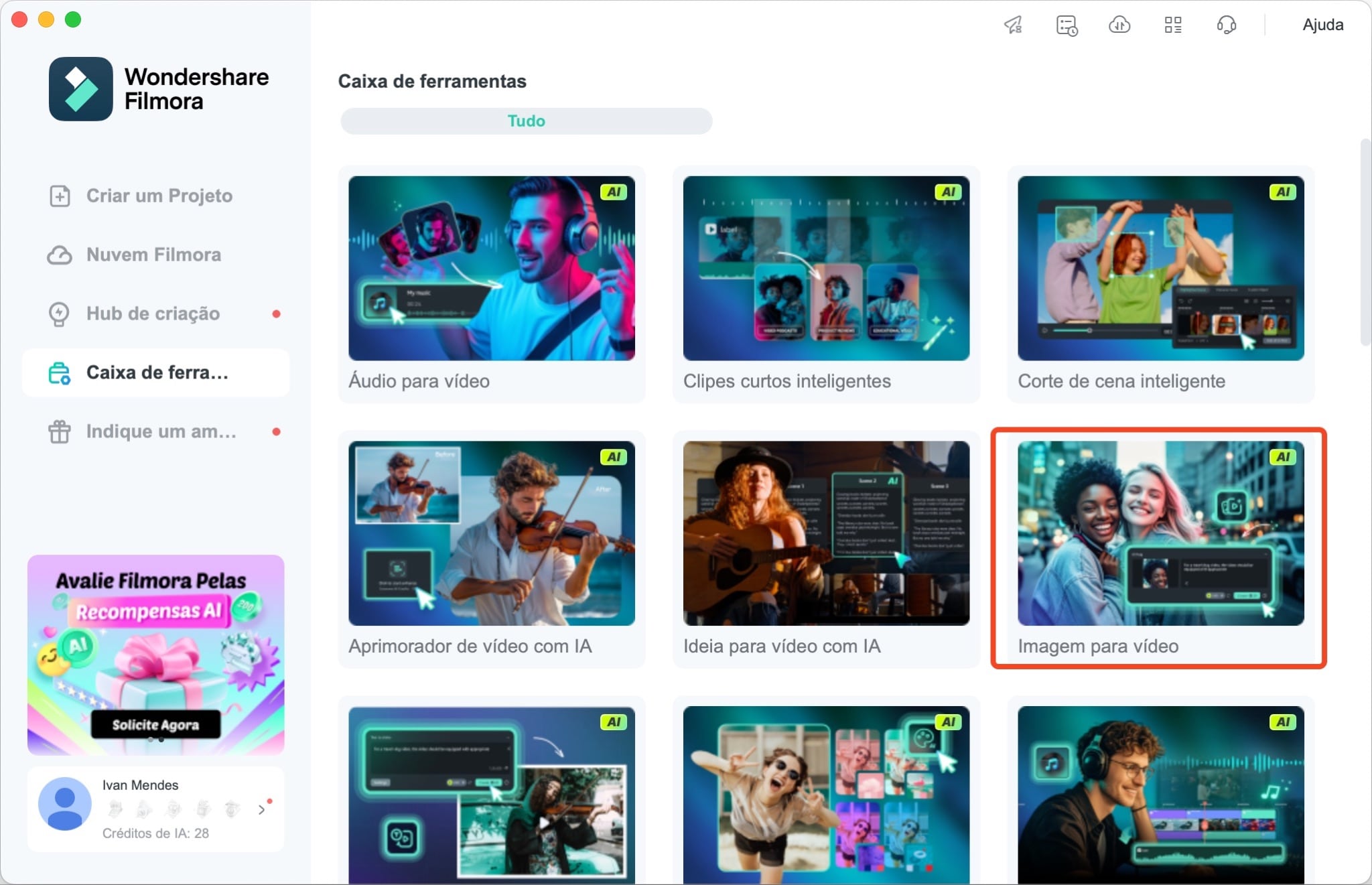 Clique para abrir a funcionalidade Imagem para vídeo.