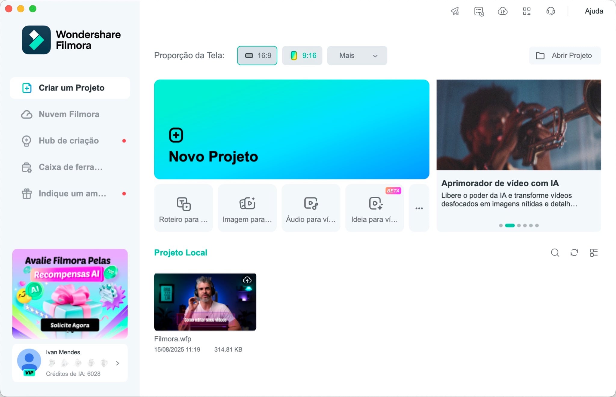Tela inicial do Filmora com a opção para criar um novo projeto ou abrir um projeto existente.