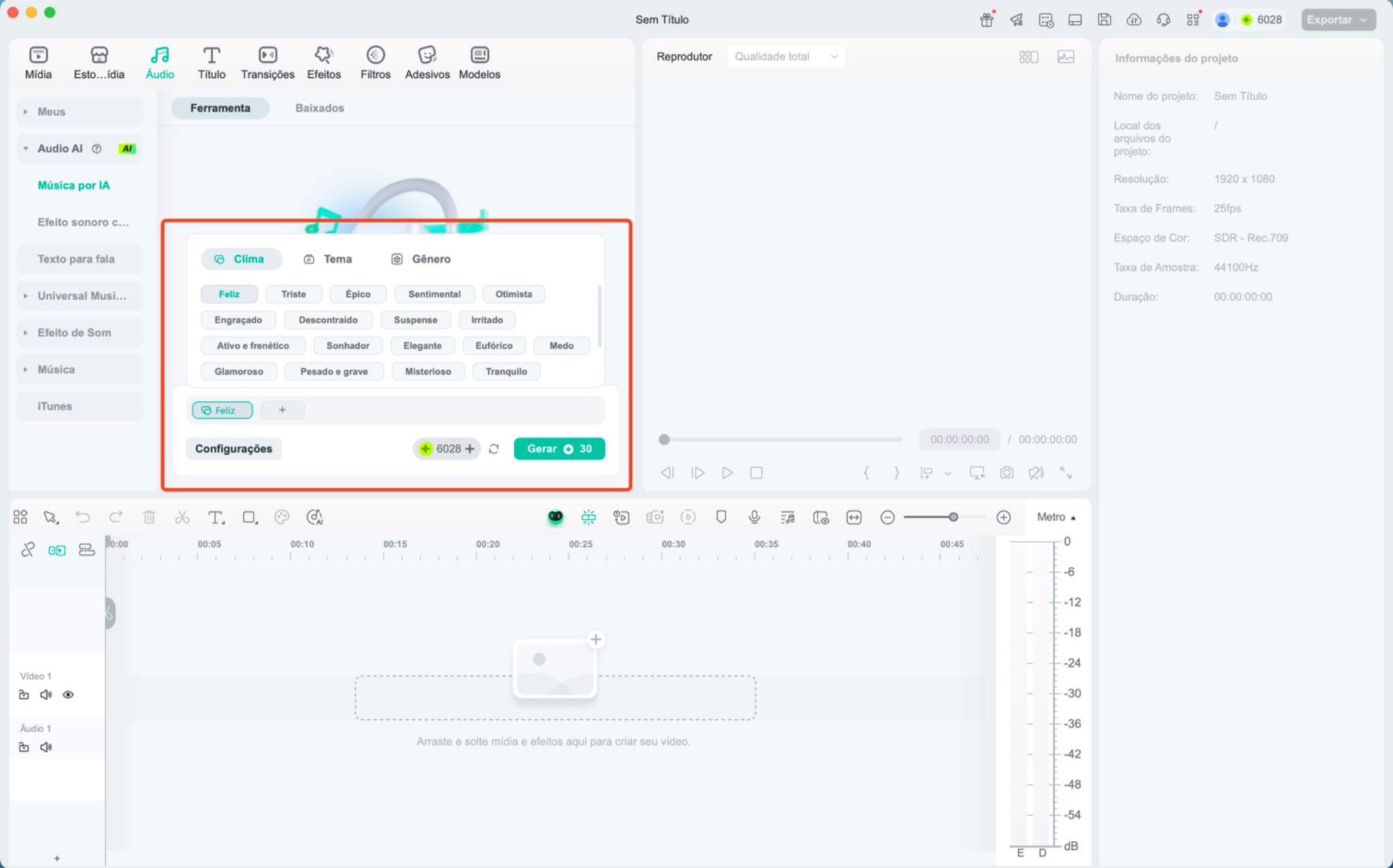 Interface do Filmora mostrando a seção "Áudio IA, Música por IA".