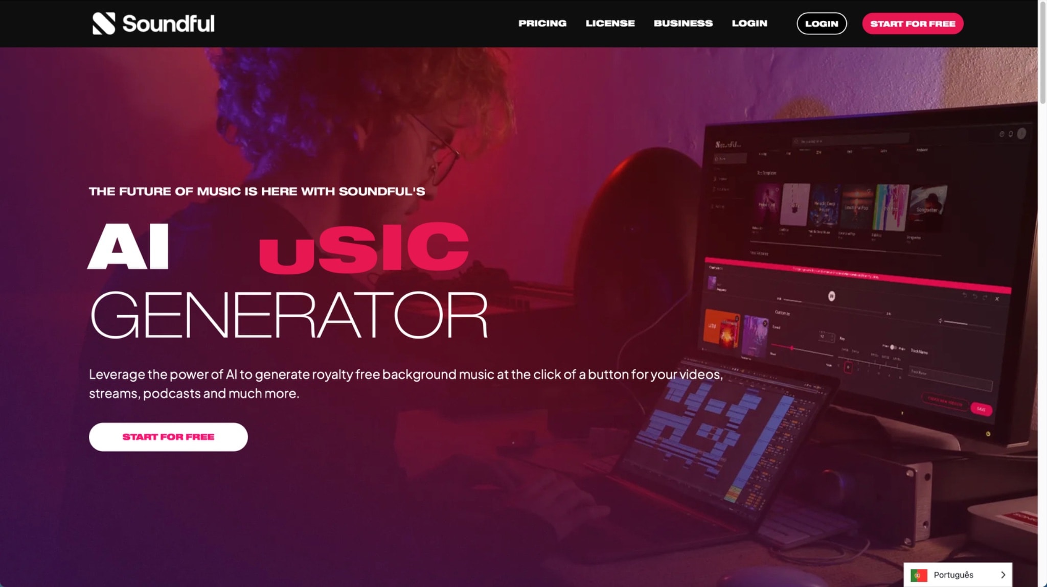 Site do gerador de música Soundful.