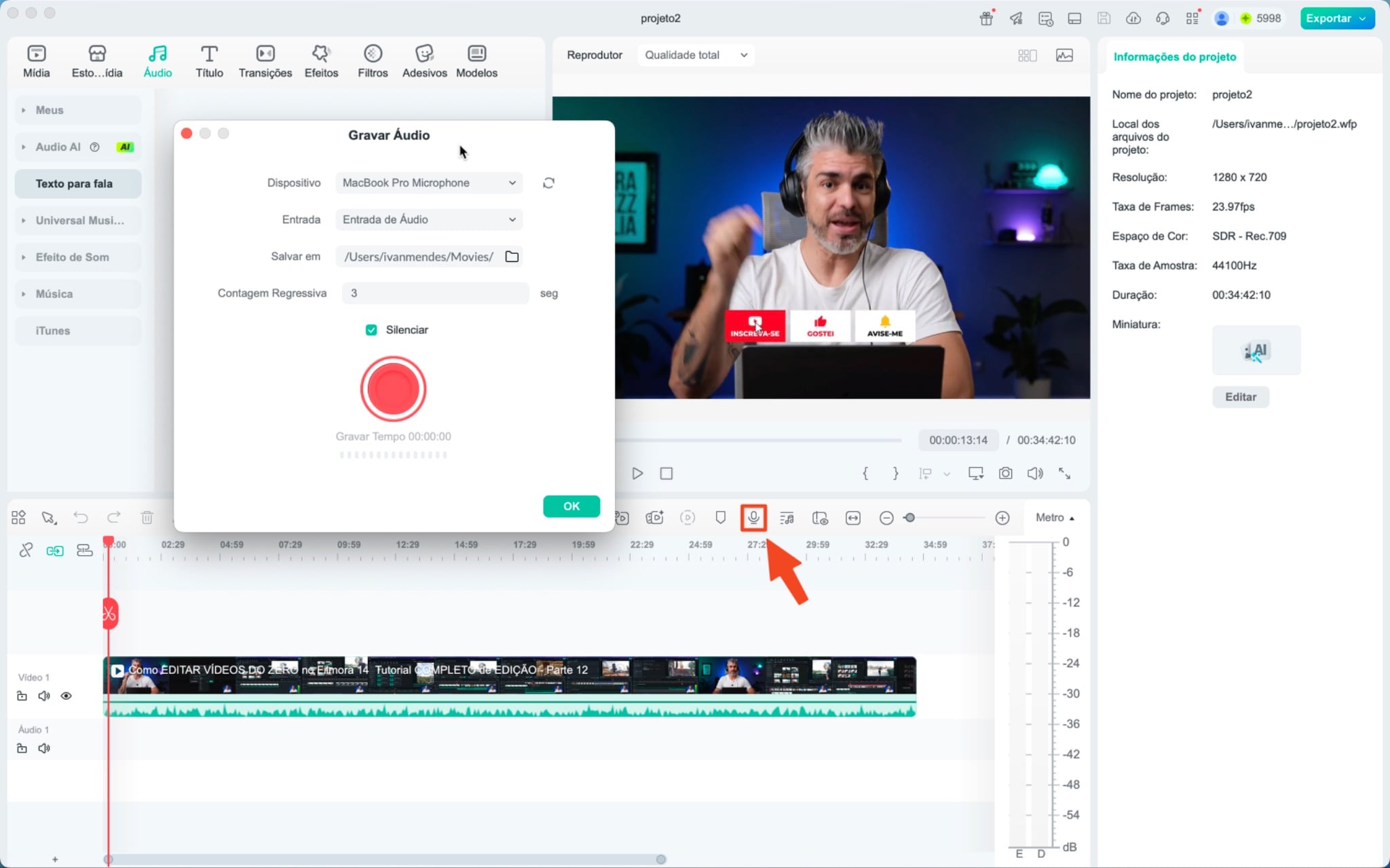 Configurando a gravação de voz no Filmora.