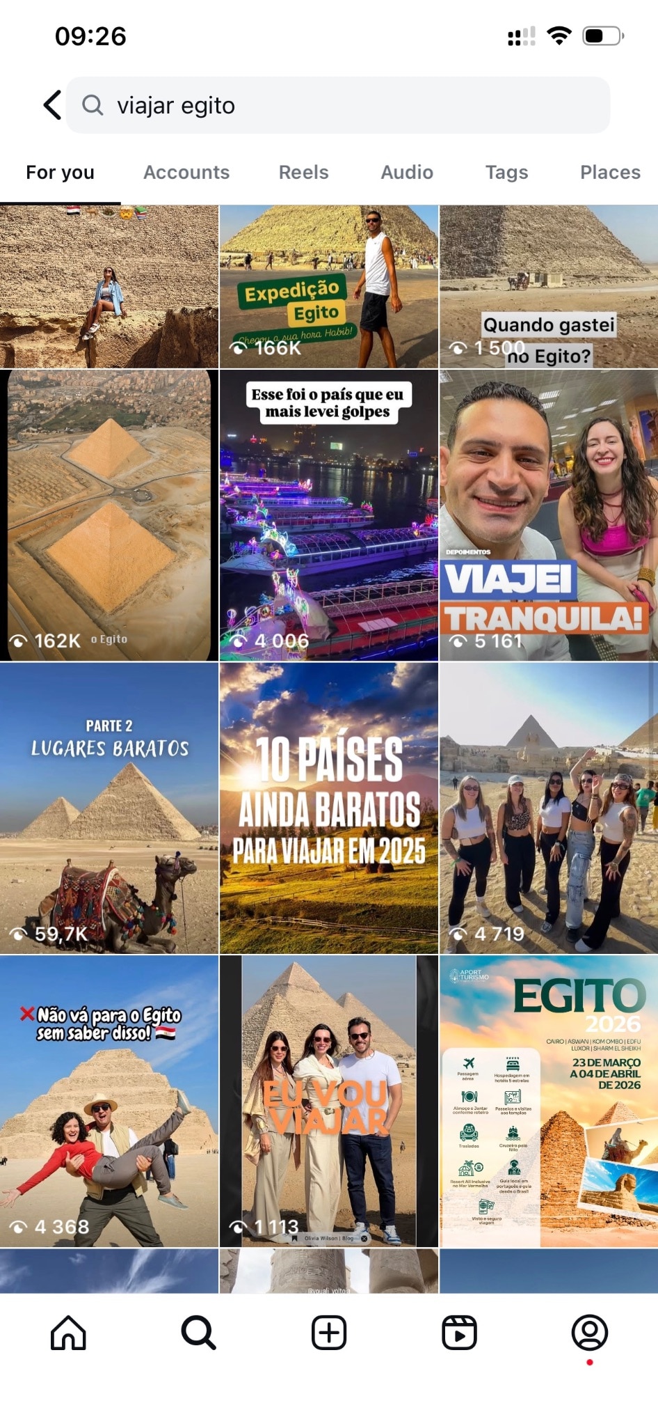 Posts de viagens no Instagram.