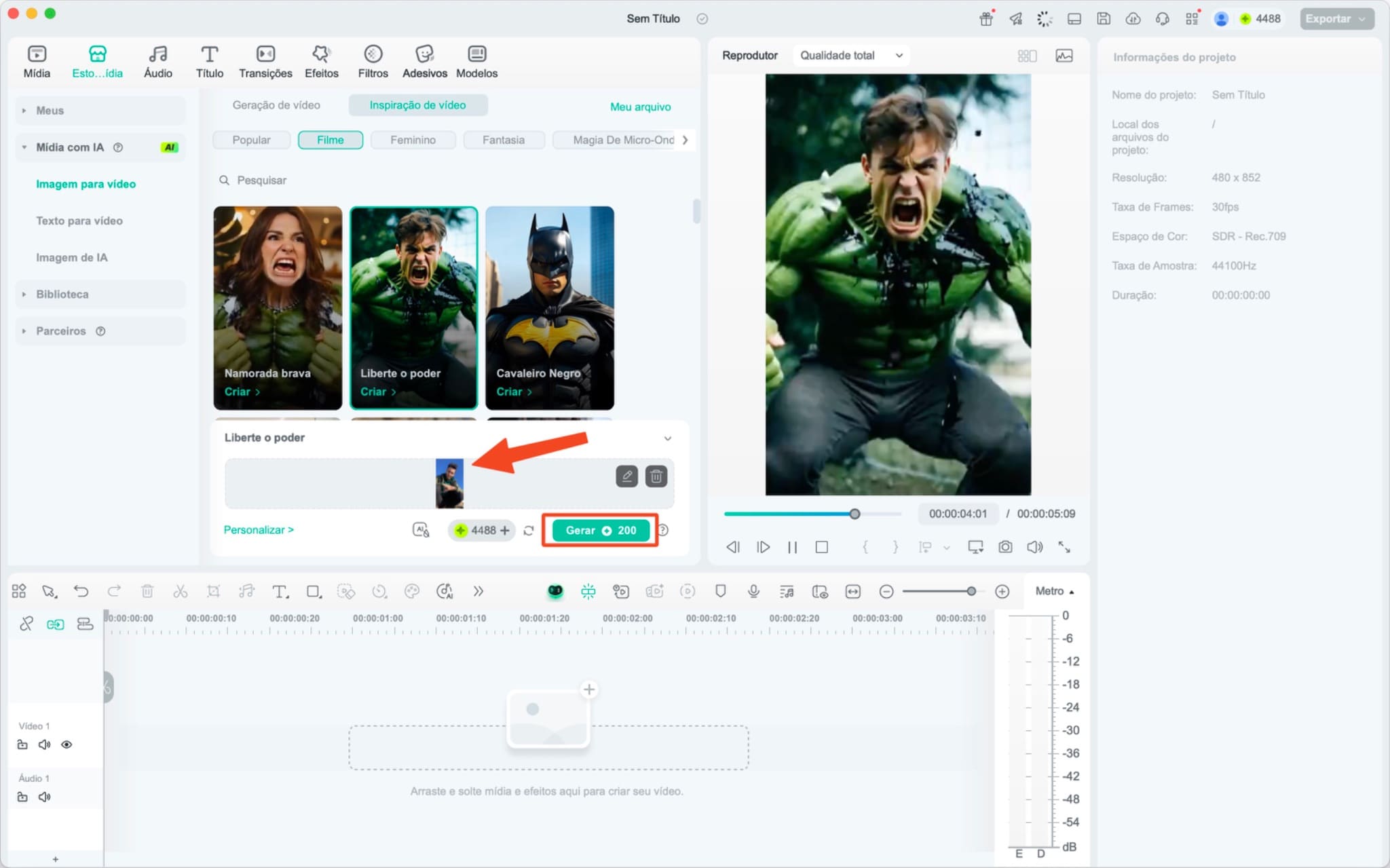 Clique para gerar o vídeo e veja a transformação acontecer.