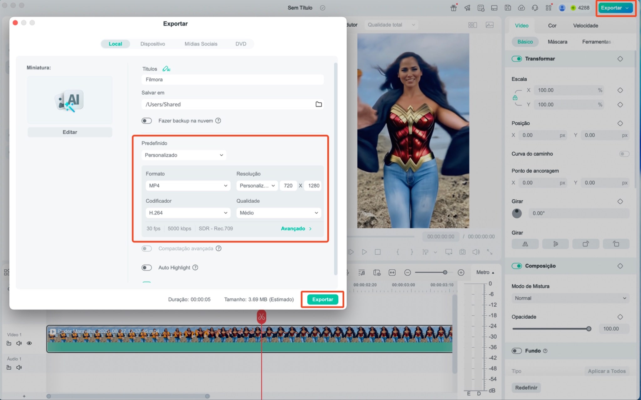 Janela de exportação do Filmora, mostrando as opções de formato e qualidade para salvar o vídeo final.