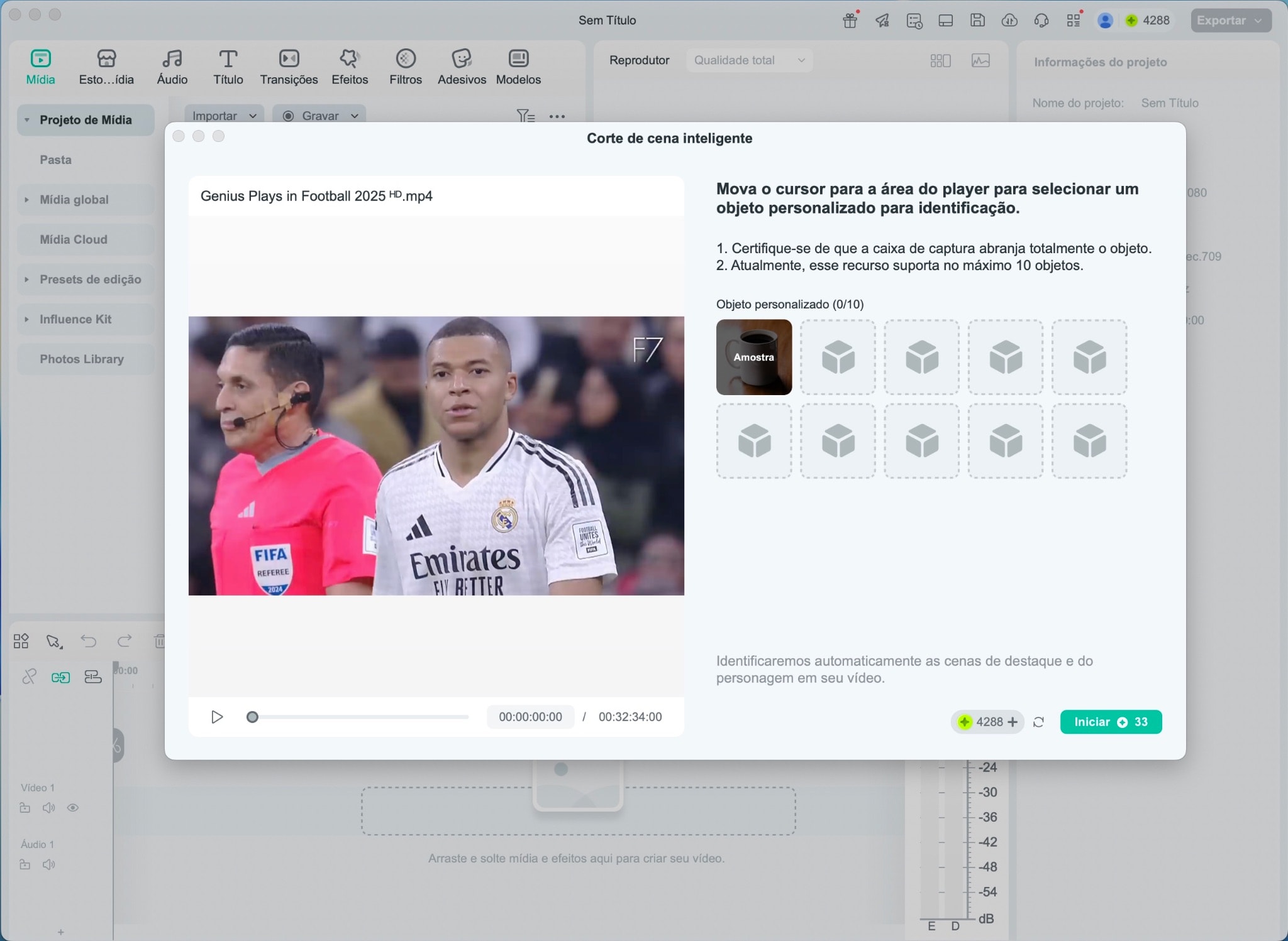 Adicione o vídeo na janela do Corte de cena inteligente para analisar o arquivo e encontrar os melhores momentos.