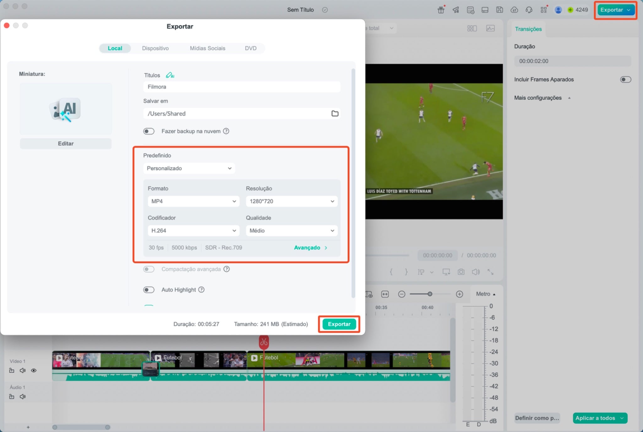 Clique no botão para exportar o vídeo, escolha a qualidade, a pasta de destino e clique novamente para exportar.