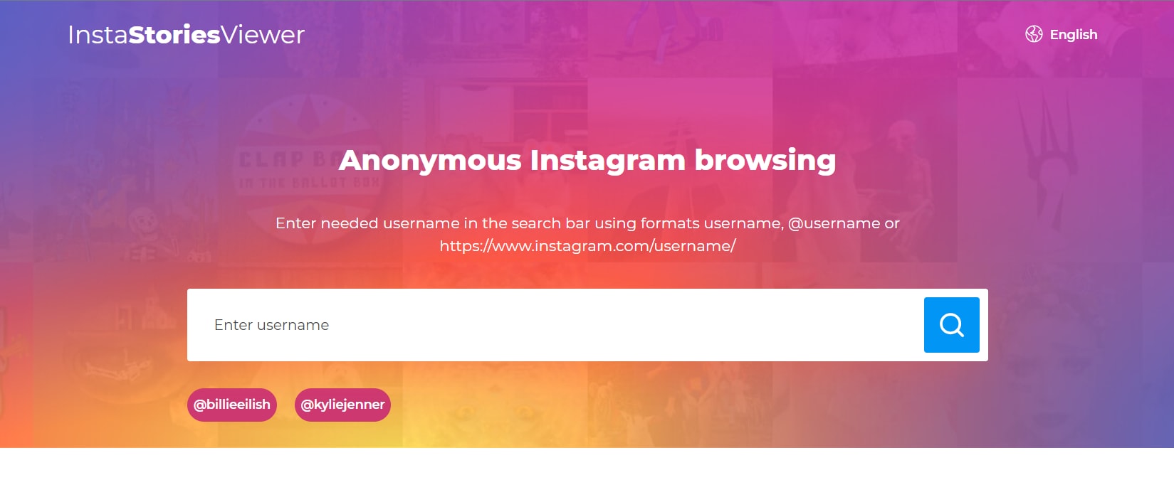 busca de perfil no Anon IG Viewer para ver stories anonimamente