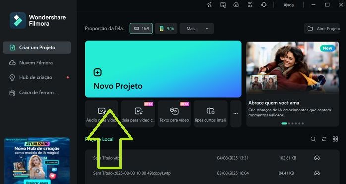 Passo 1 clique novo projeto no Filmora