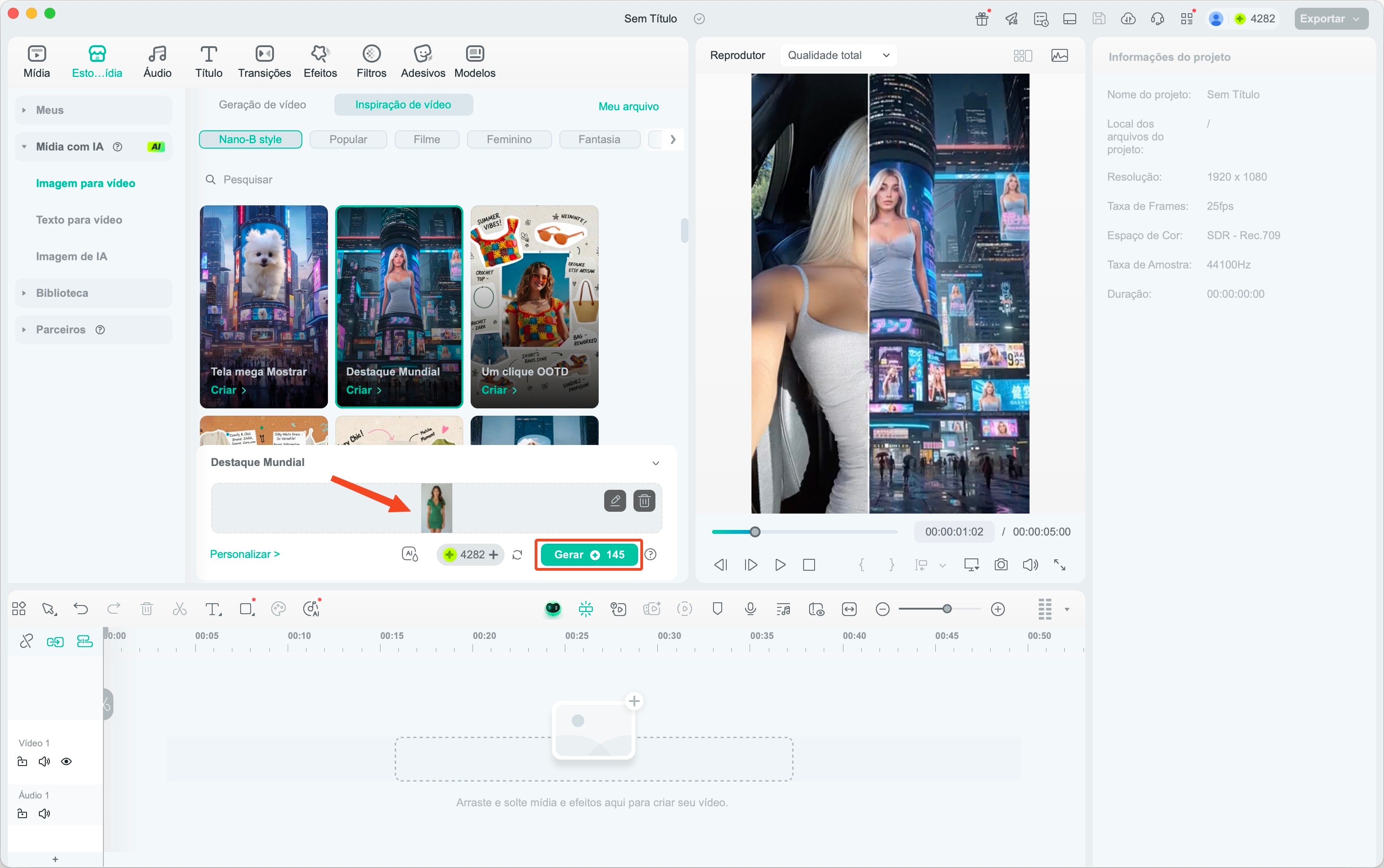 clique para gerar video ia filmora