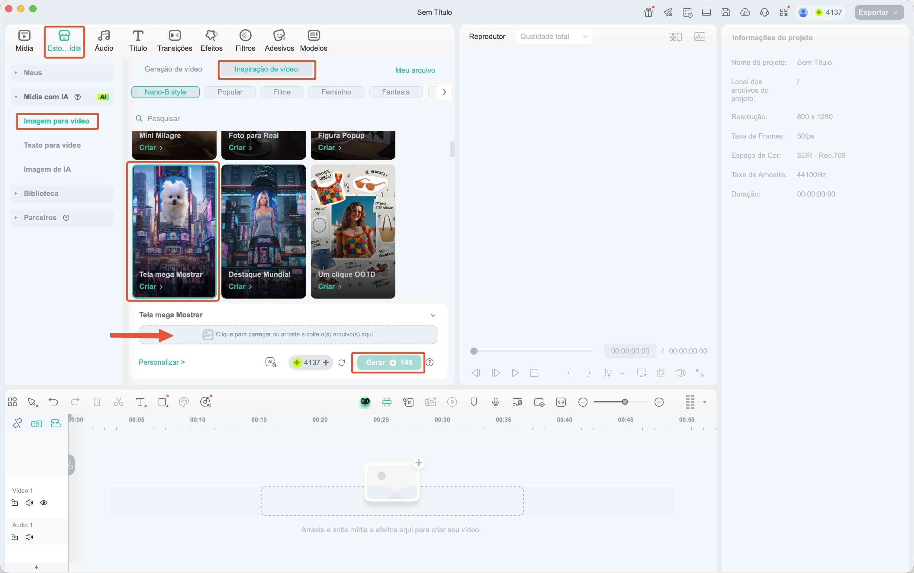 Interface do Filmora mostrando o filtro Tela Mega Mostrar para colocar foto de pet em outdoor