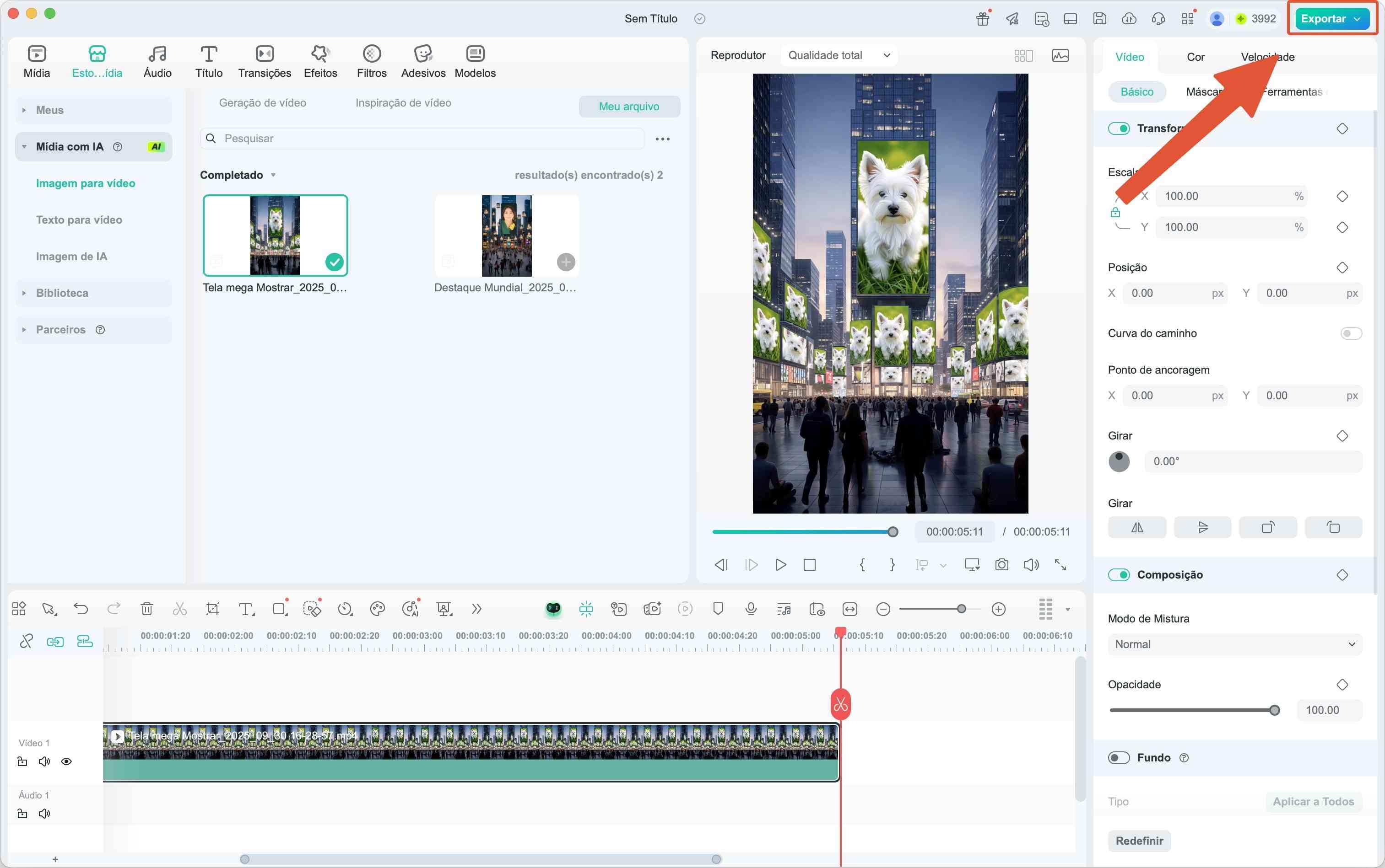 Tela de exportação do Filmora para salvar o vídeo de pet criado com IA