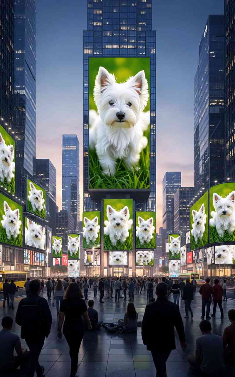 Resultado final do vídeo mostrando foto de pet em outdoor de cidade criado com IA