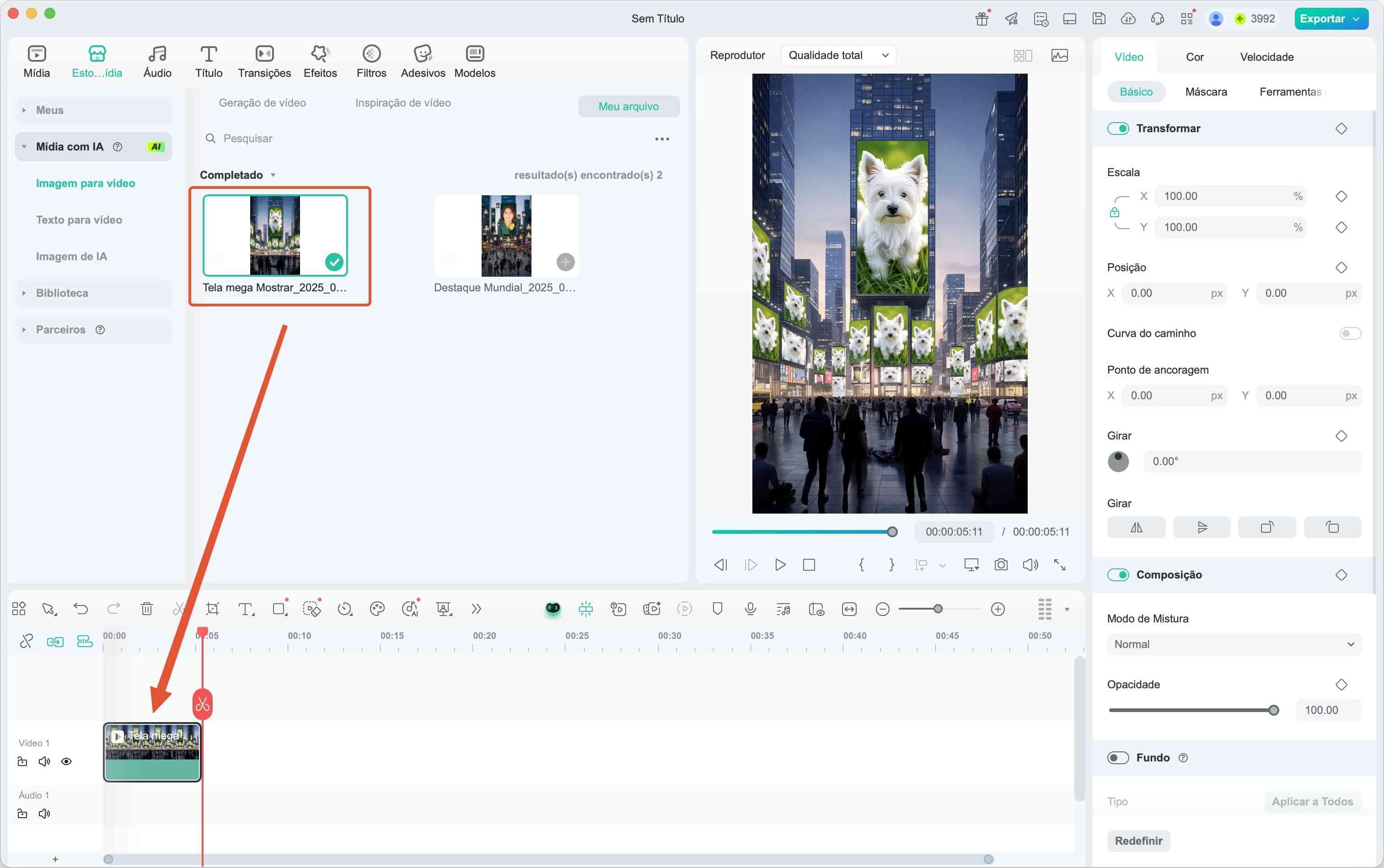 Timeline do Filmora com o vídeo de pet gerado por IA adicionado para edição