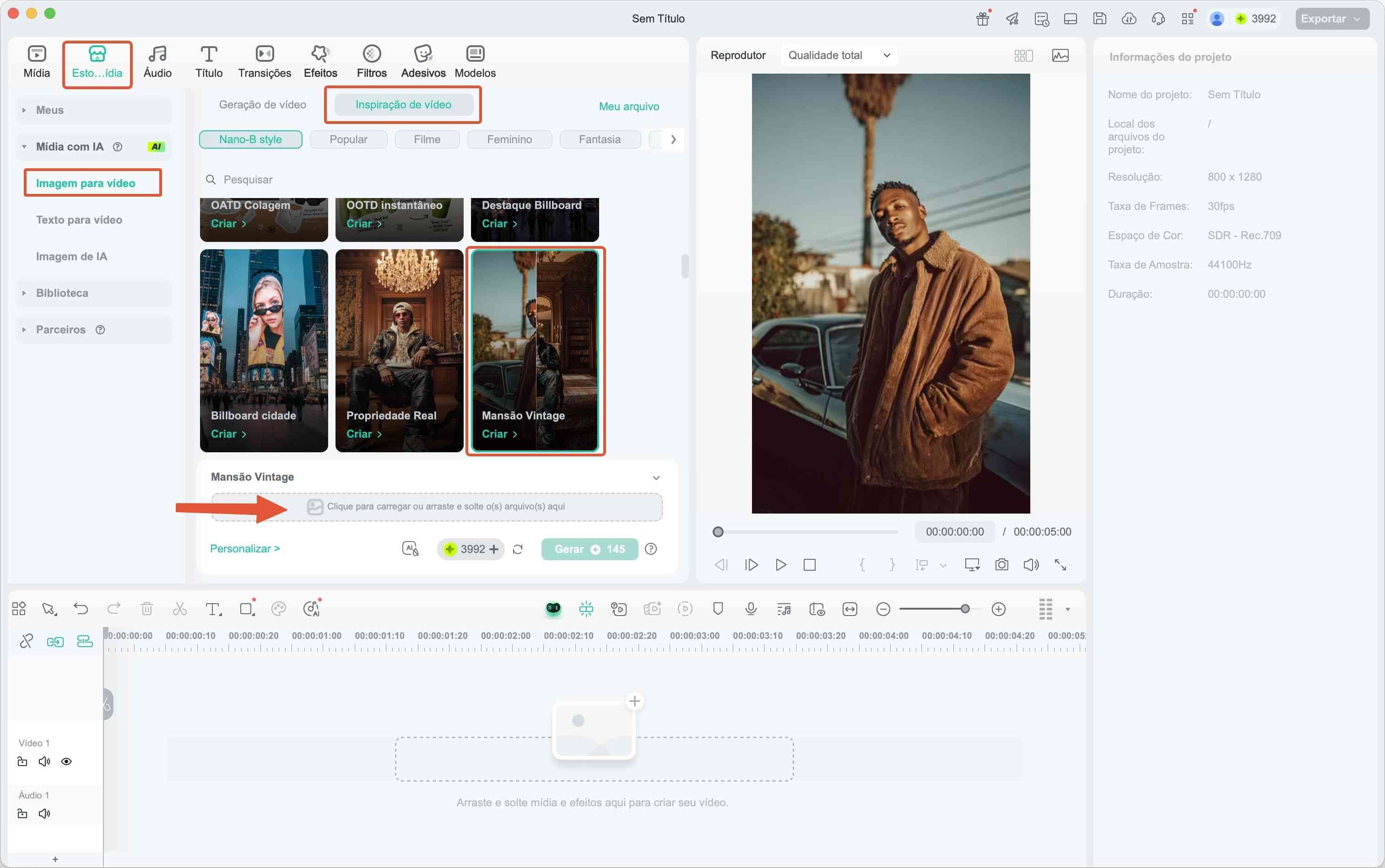 Seleção do filtro Mansão Vintage na ferramenta de IA do Filmora