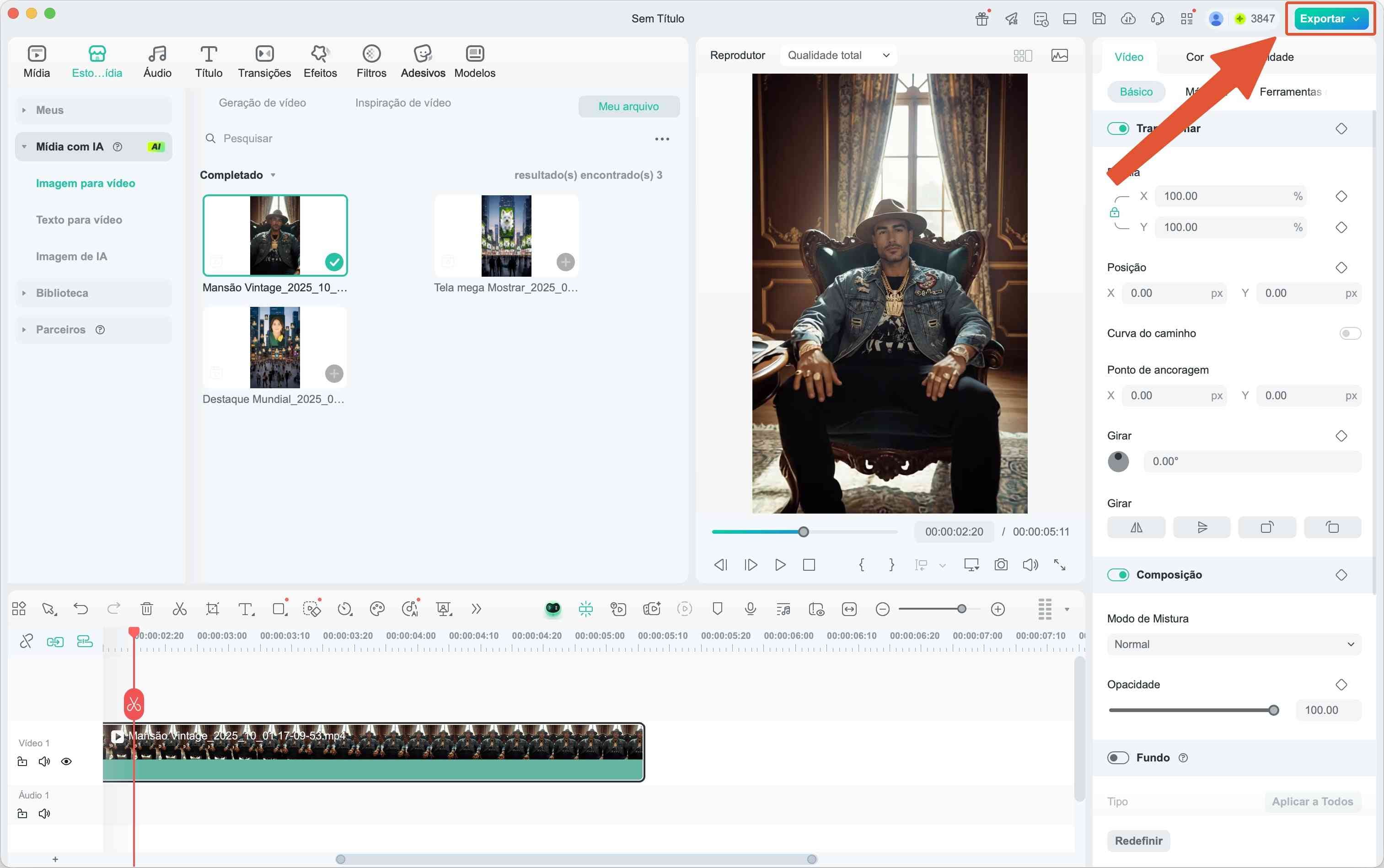 Janela de exportação de vídeo no Filmora configurada para alta qualidade