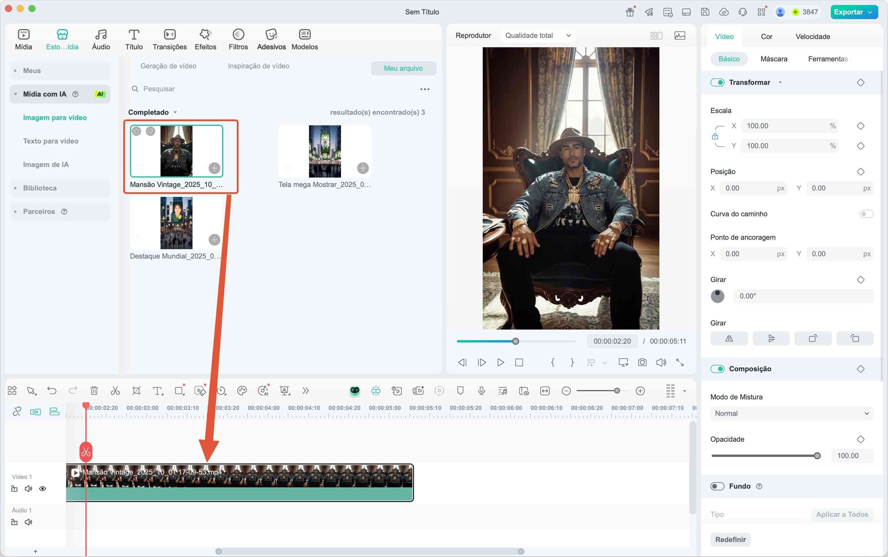 Edição do vídeo na linha do tempo do Filmora com adição de áudio