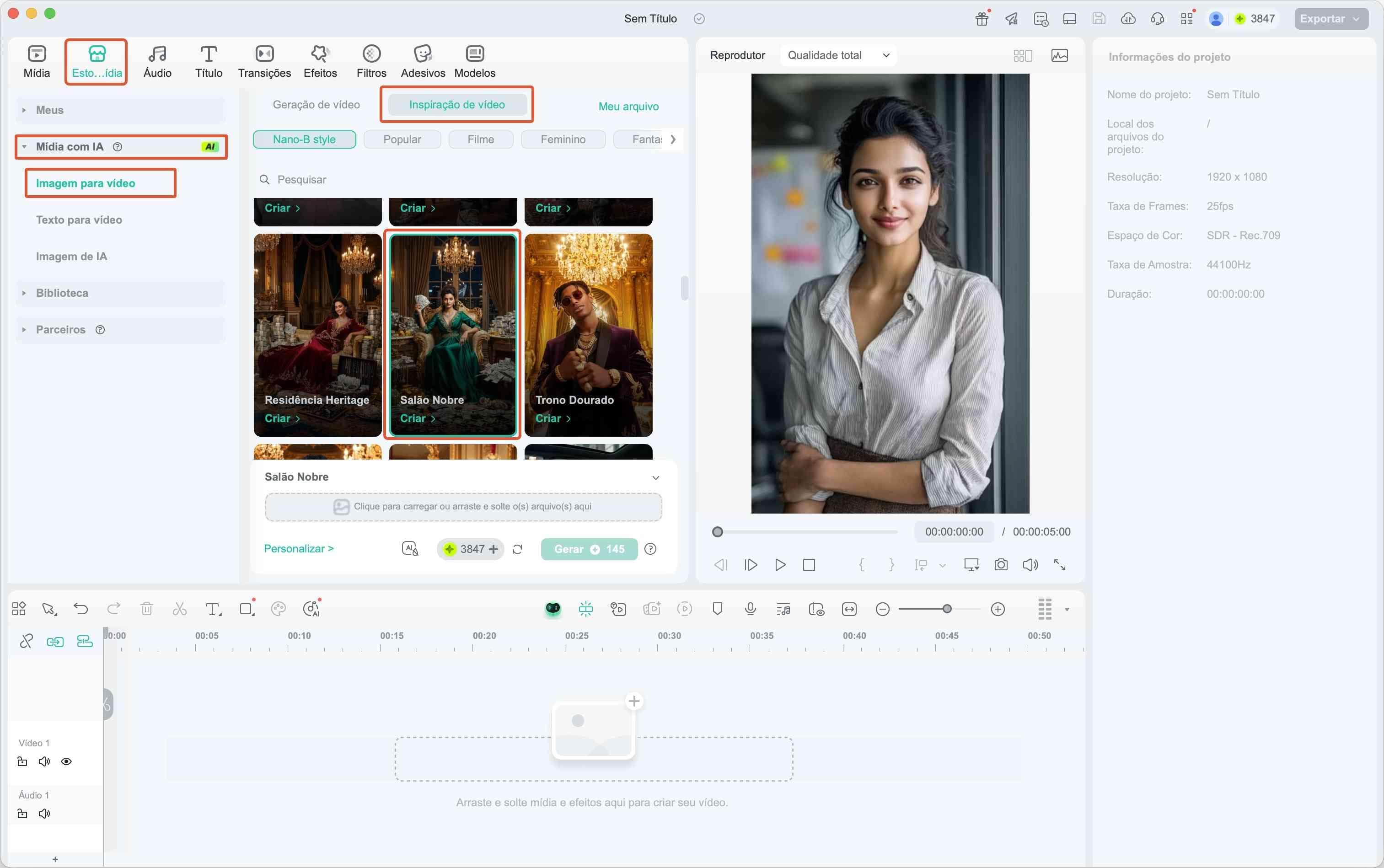 Seleção do filtro Salão Nobre no Filmora