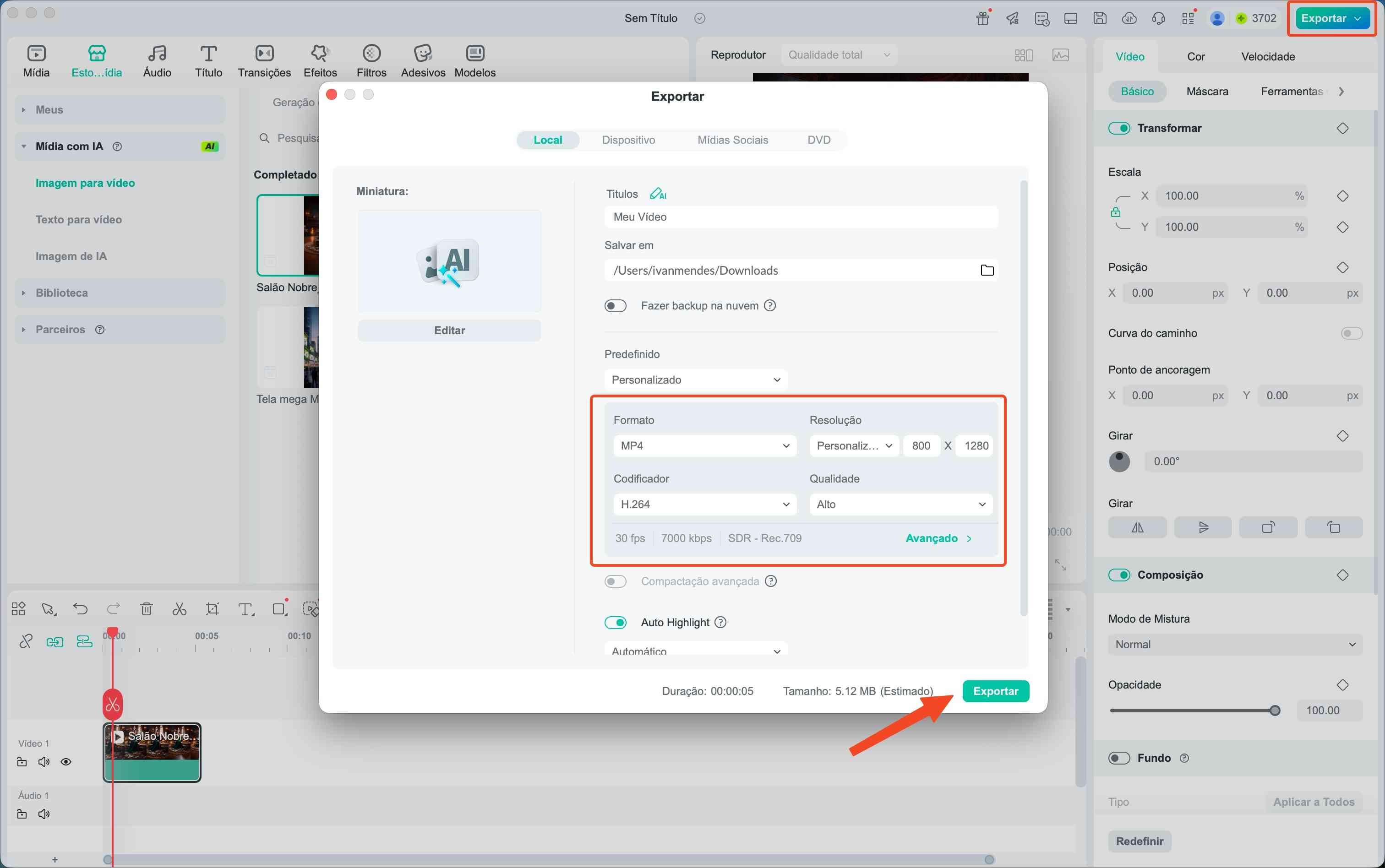 Exportação de vídeo finalizado no Filmora