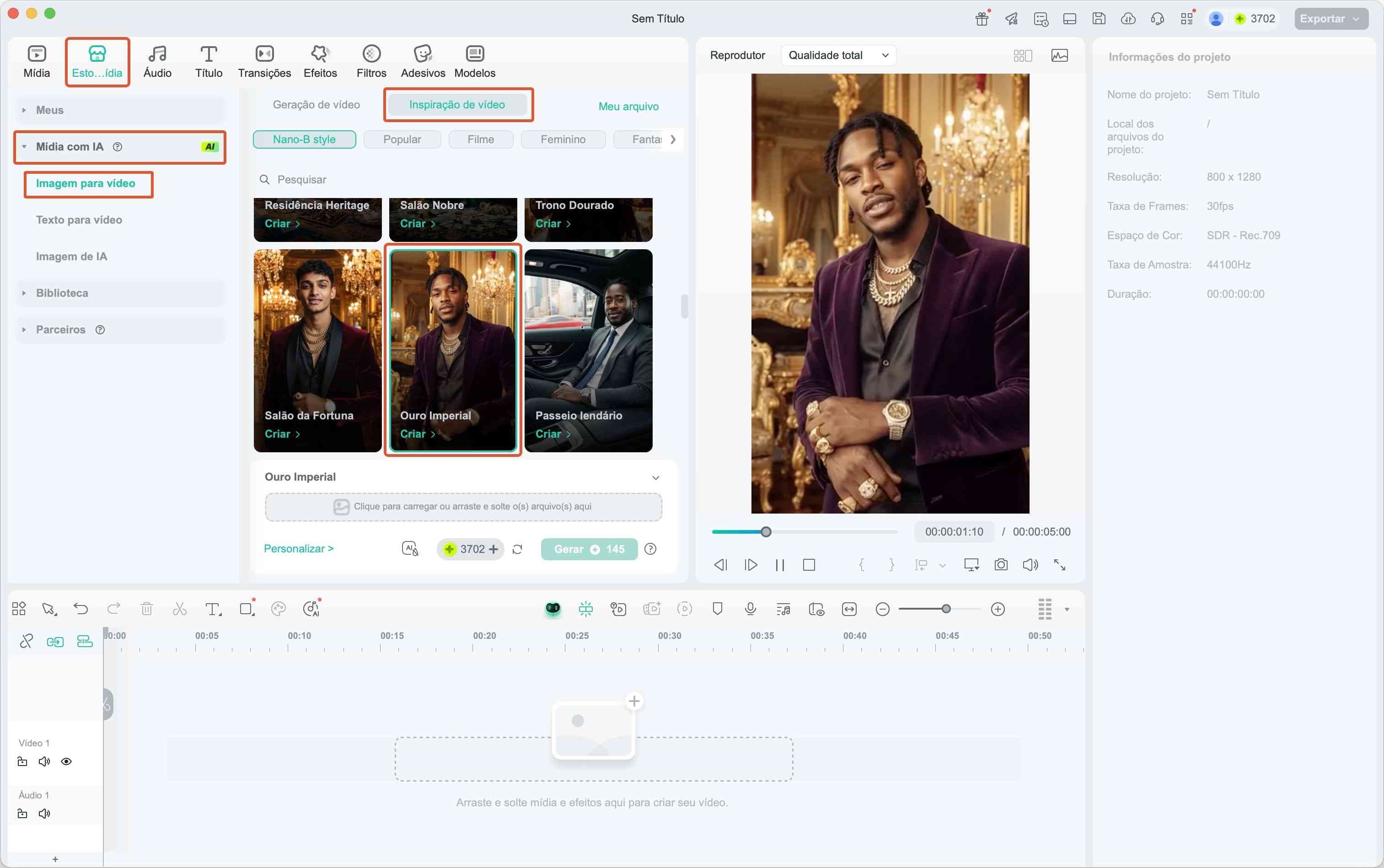 Interface do Filmora selecionando o modelo de IA Ouro Imperial