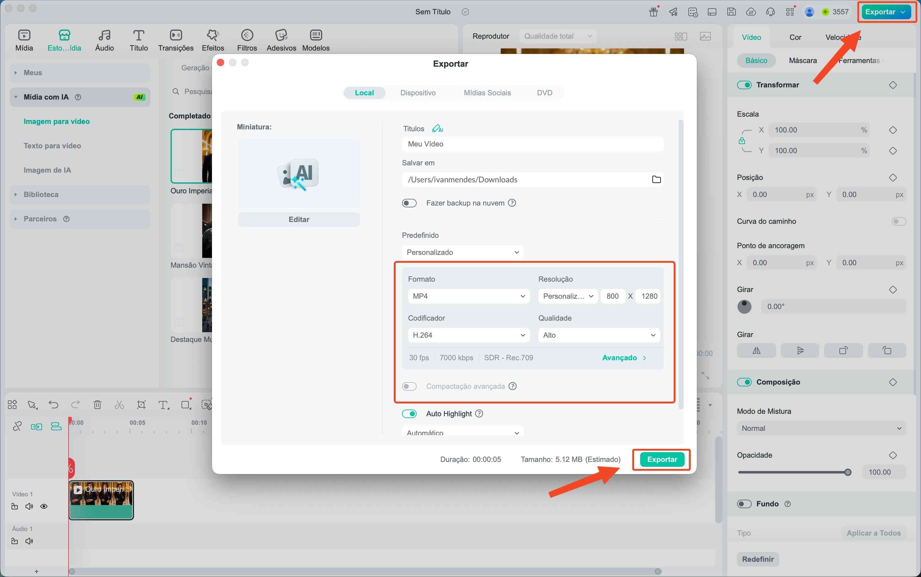 Janela de exportação do Filmora para salvar o vídeo final