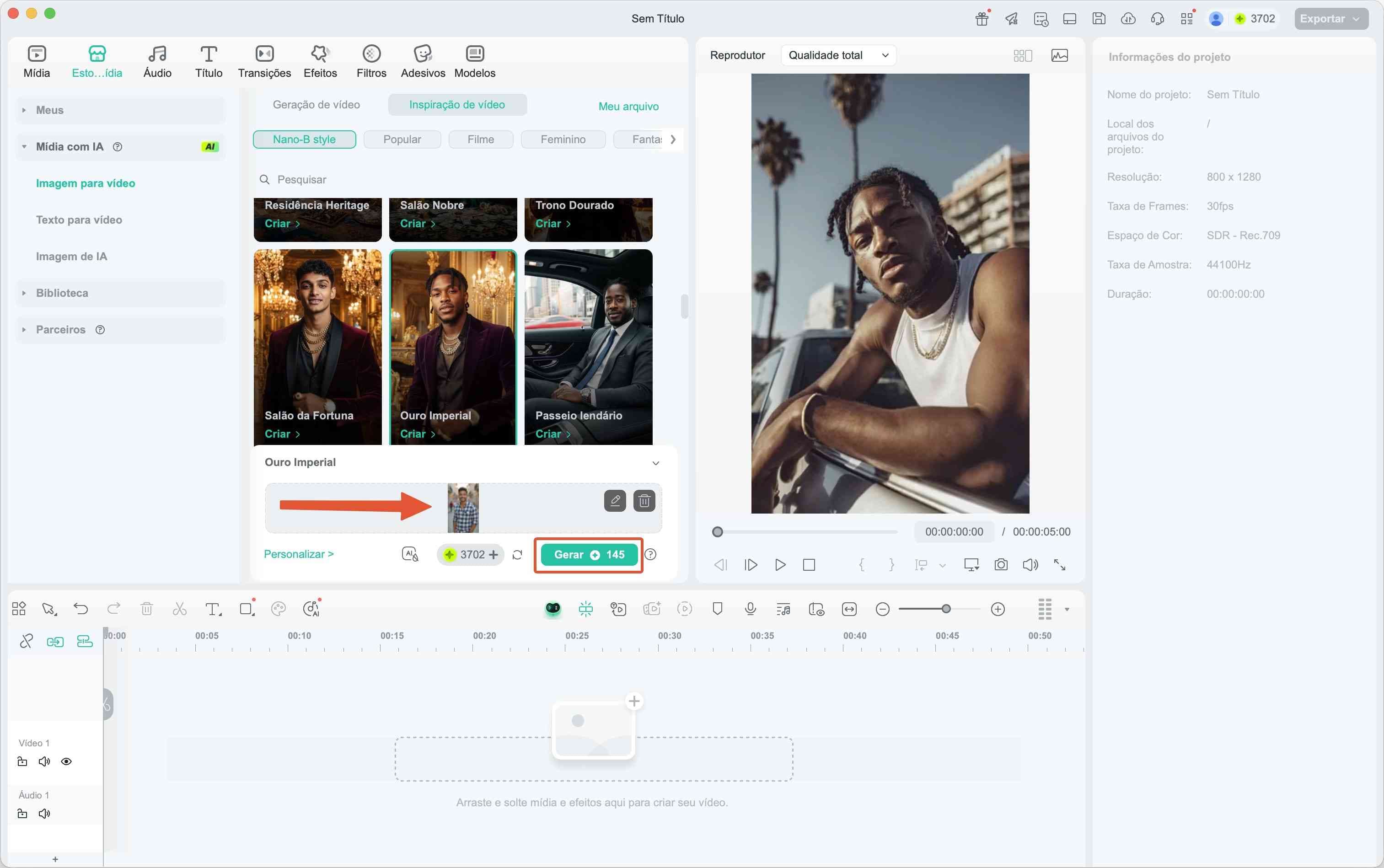 Botão gerar no Filmora para transformar imagem em vídeo com IA