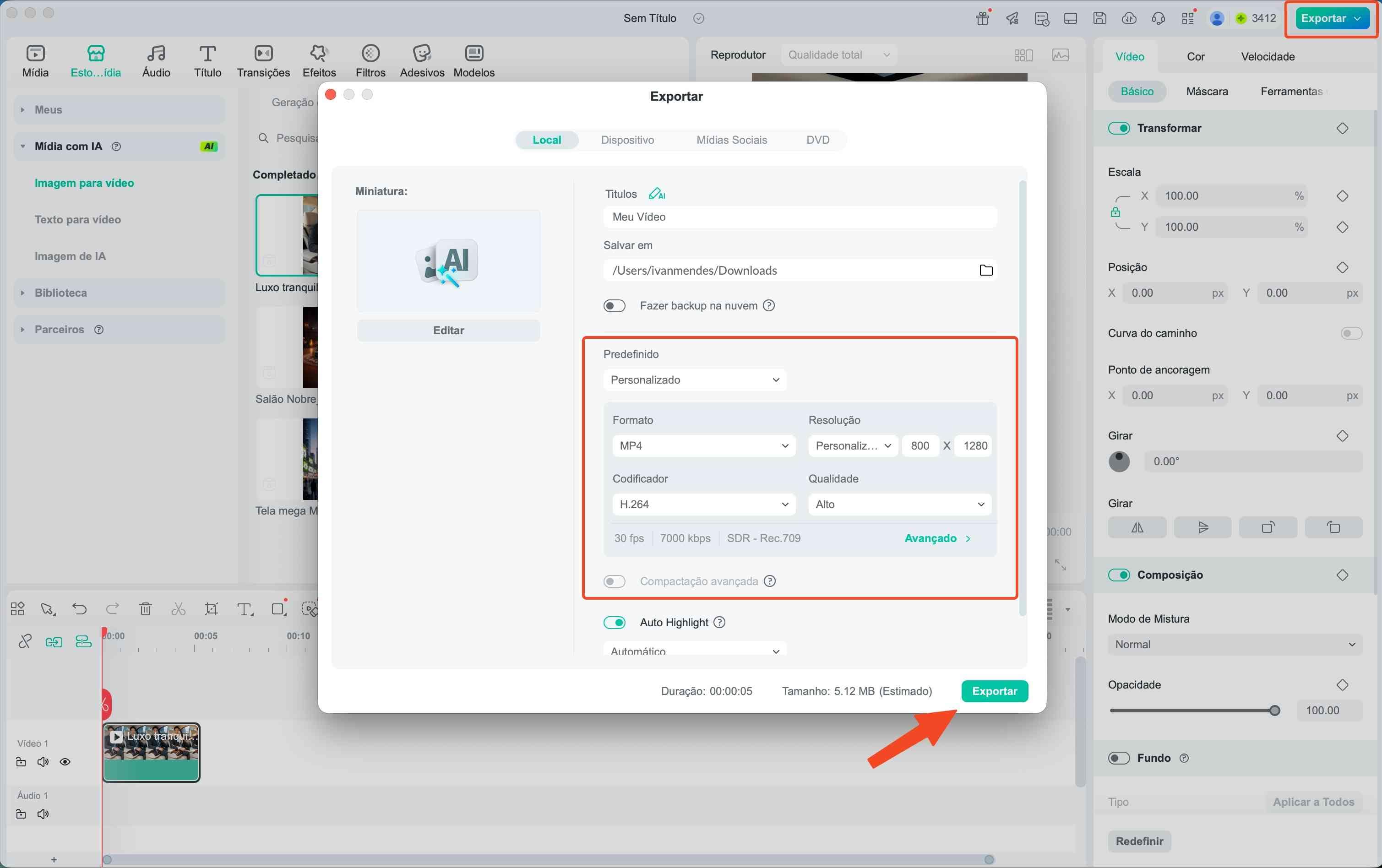 Janela de exportação do Filmora configurando a qualidade do vídeo final