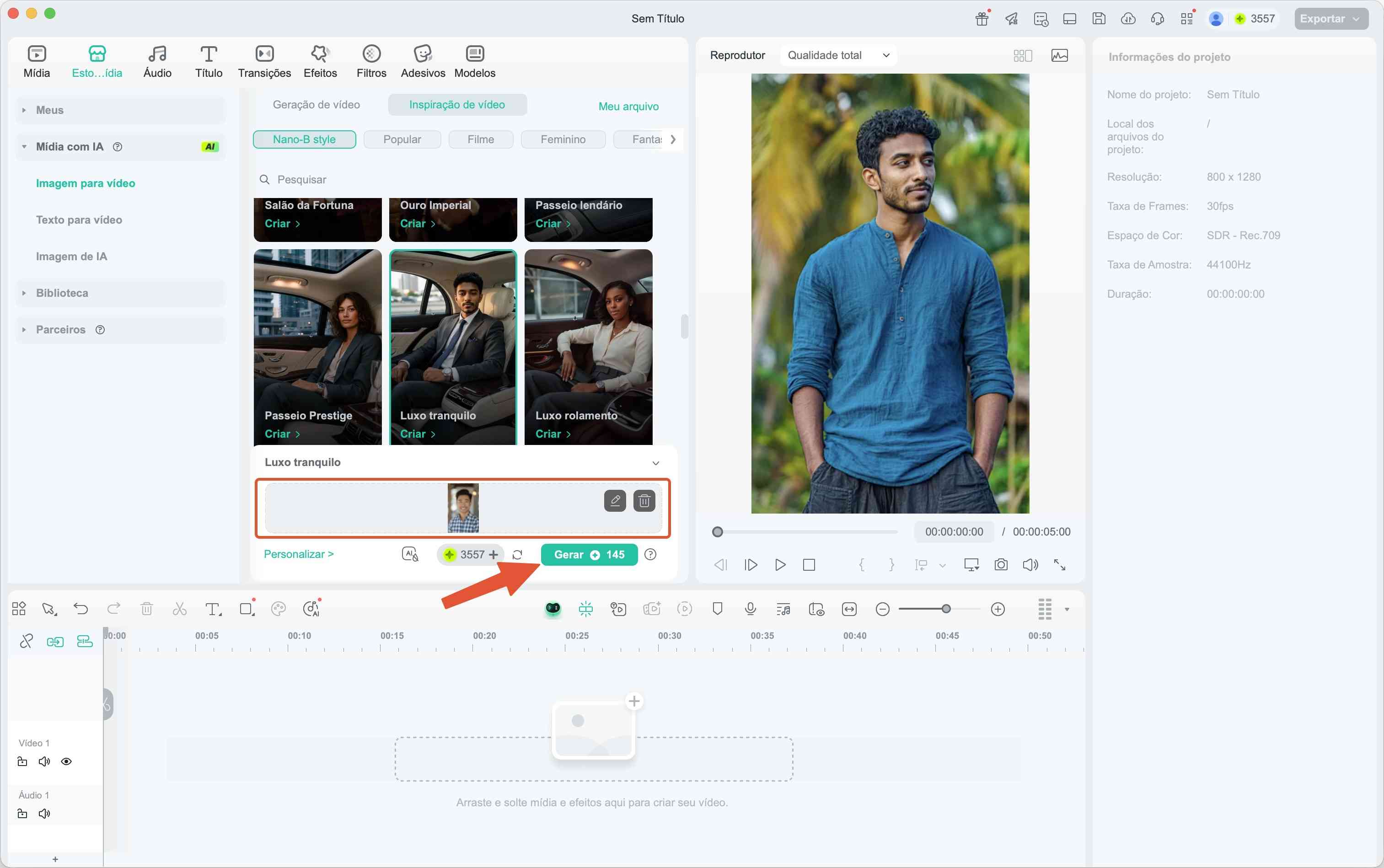 Botão de gerar vídeo a partir de imagem com inteligência artificial no Filmora