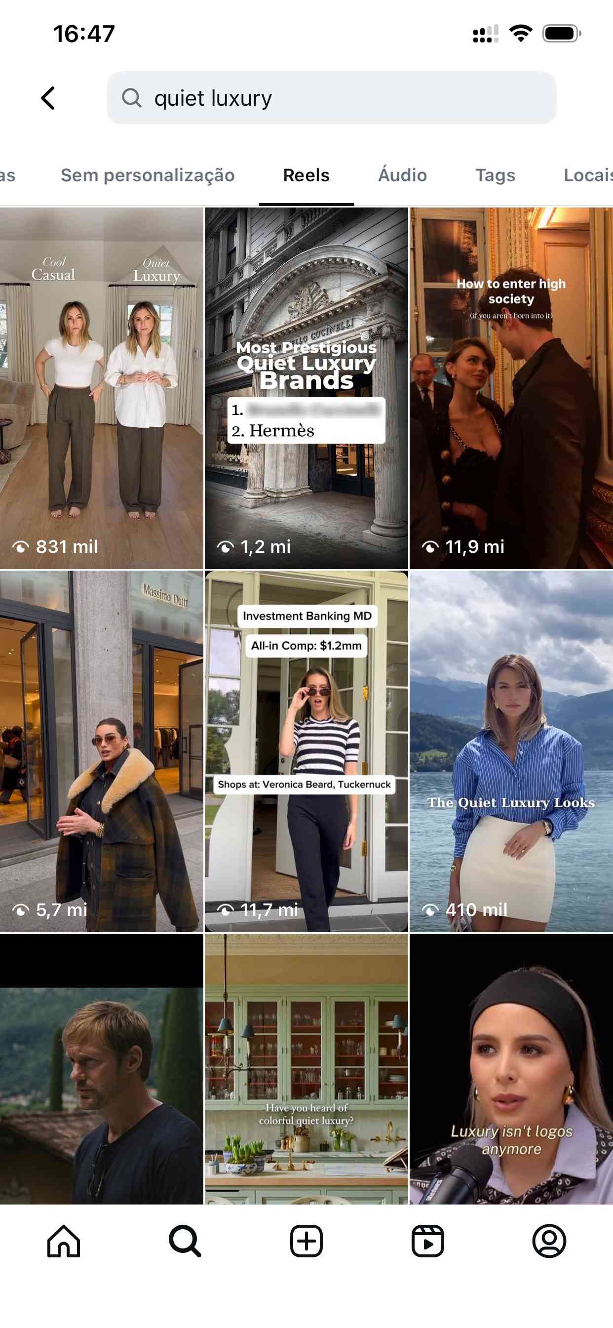 Interface de rede social exibindo tendências de luxo discreto no Brasil