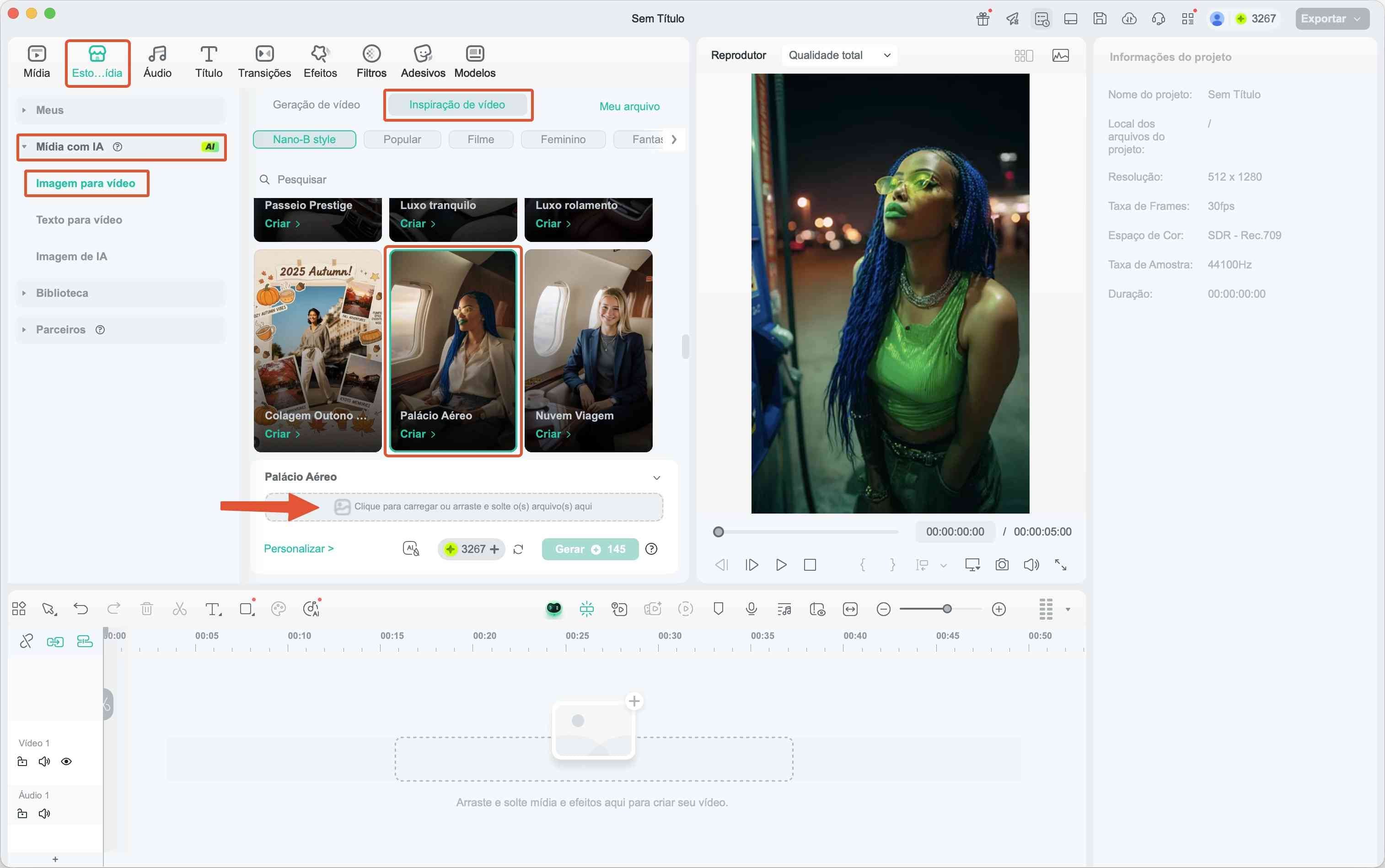 Menu de ferramentas de IA do Filmora selecionando filtro Palácio Aéreo