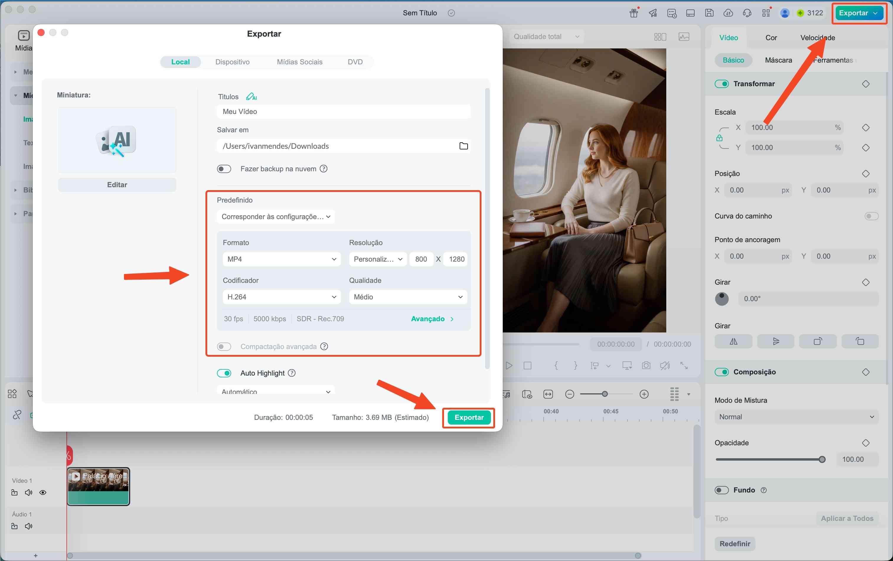 Janela de exportação de vídeo no Filmora configurando formato MP4