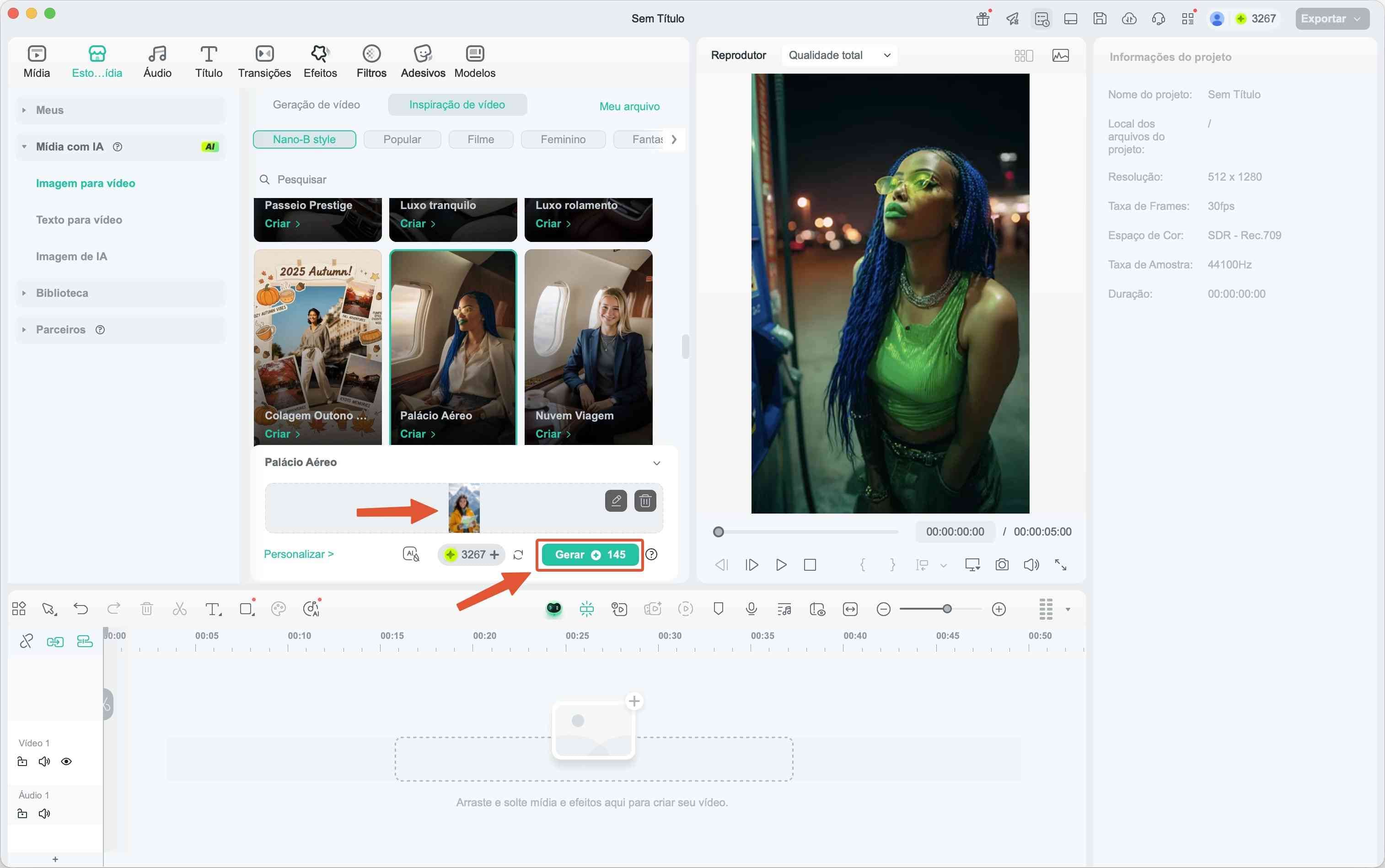 Botão de gerar vídeo a partir de imagem no Filmora