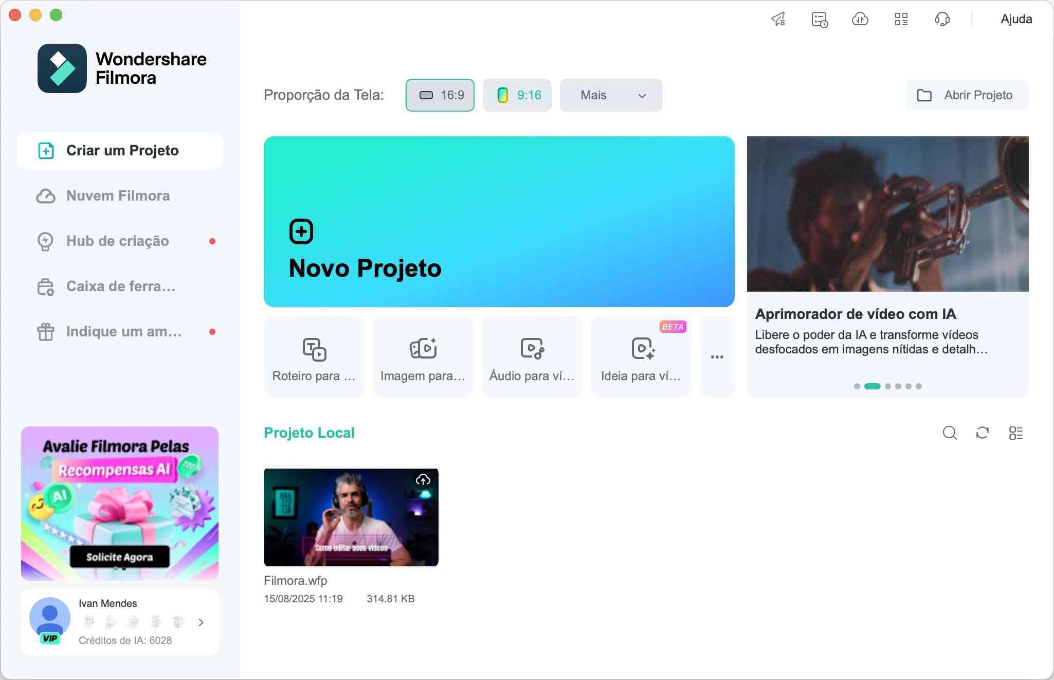 Interface inicial do software de edição de vídeo Filmora
