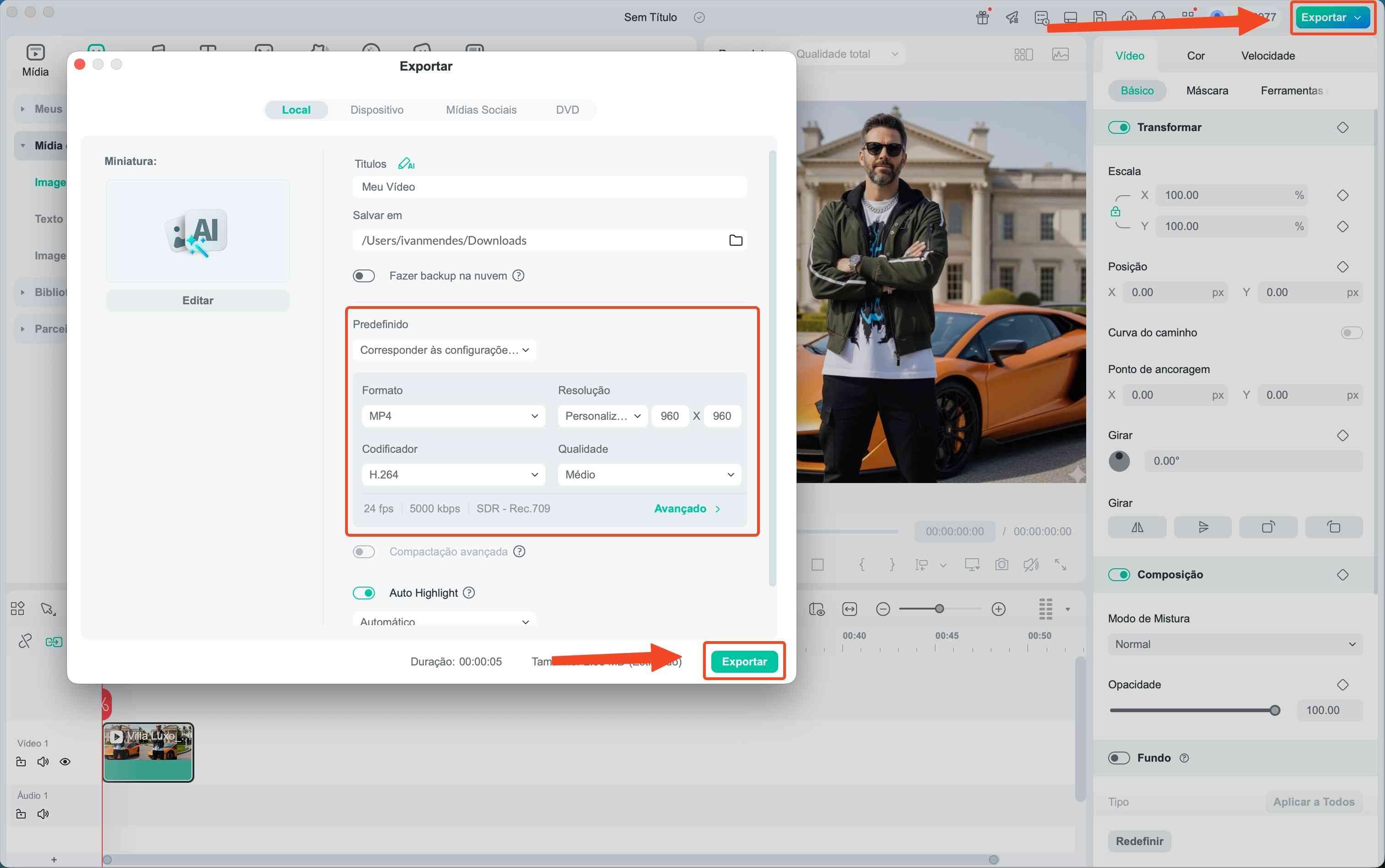 Configurações de exportação para vídeo vertical no Filmora
