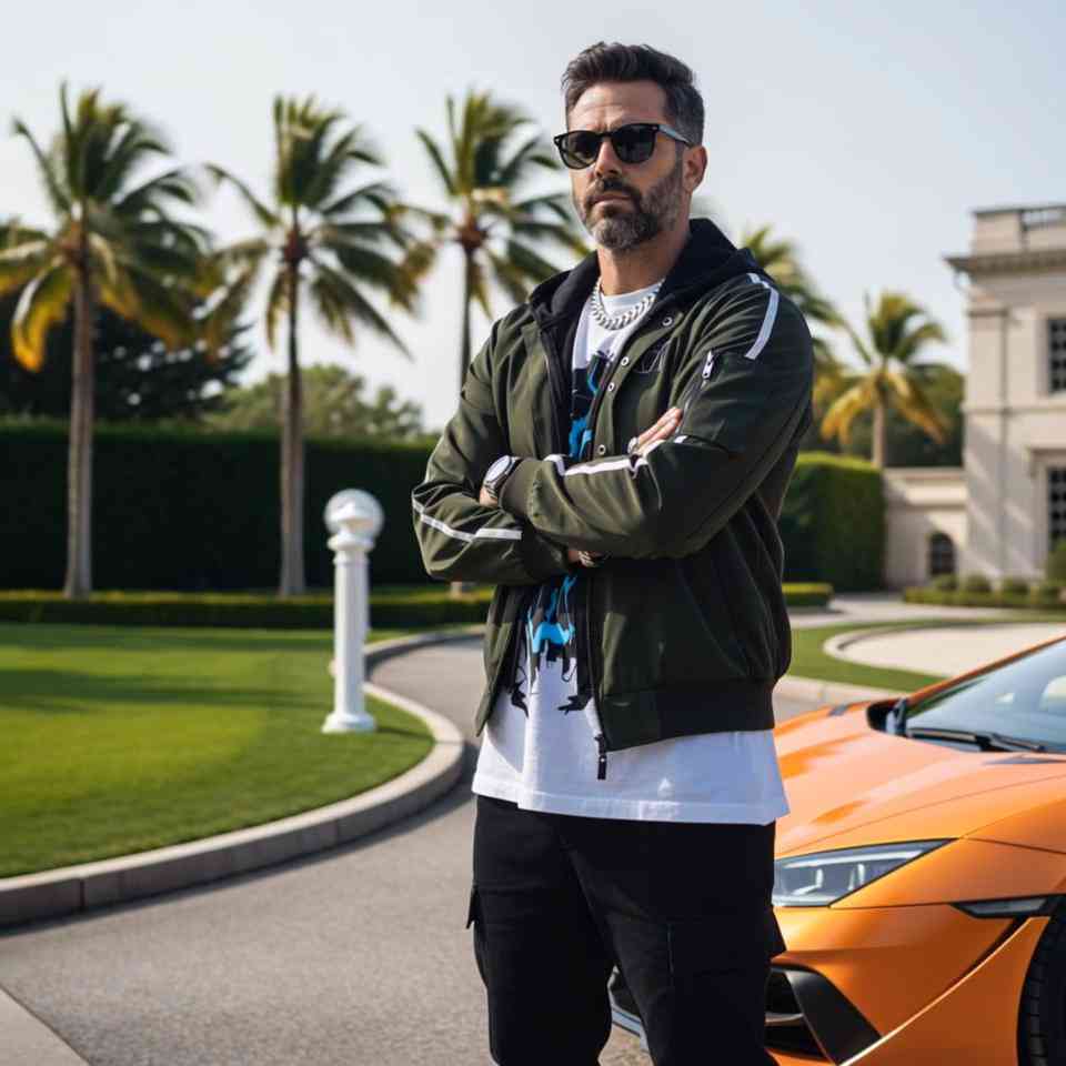 Resultado final do vídeo com a pessoa em frente a uma mansão e carro de luxo