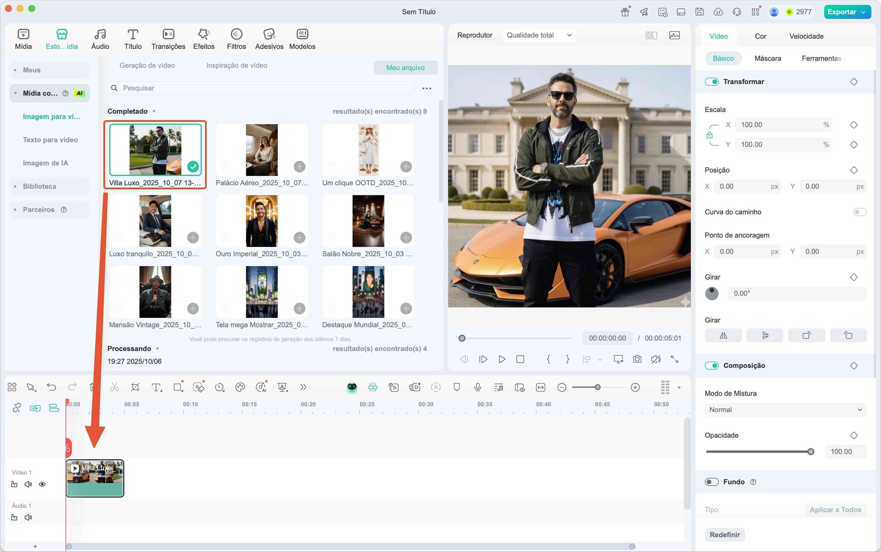 Edição do clipe gerado na linha do tempo do Filmora