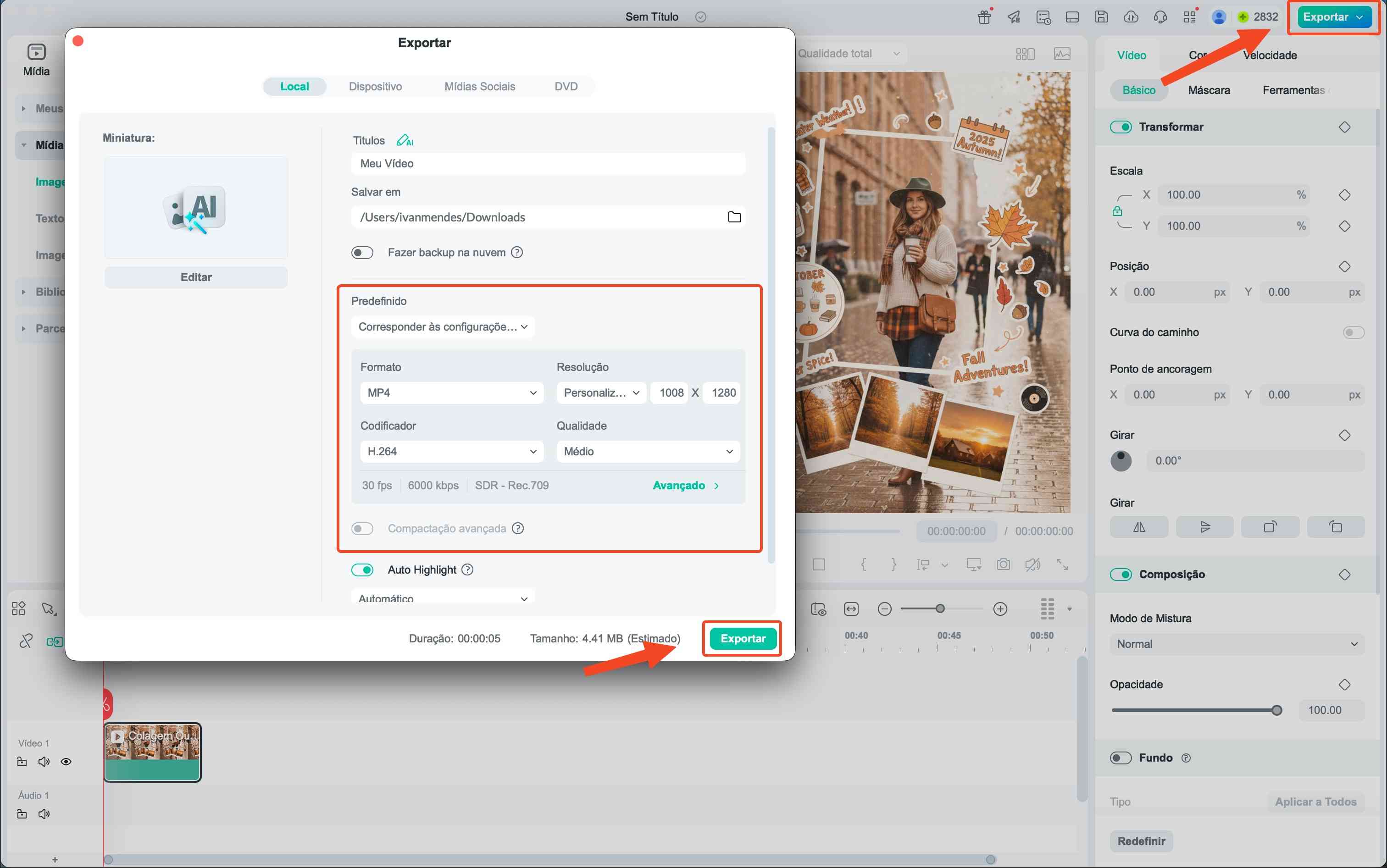 Janela de exportação de vídeo no Filmora configurada para MP4