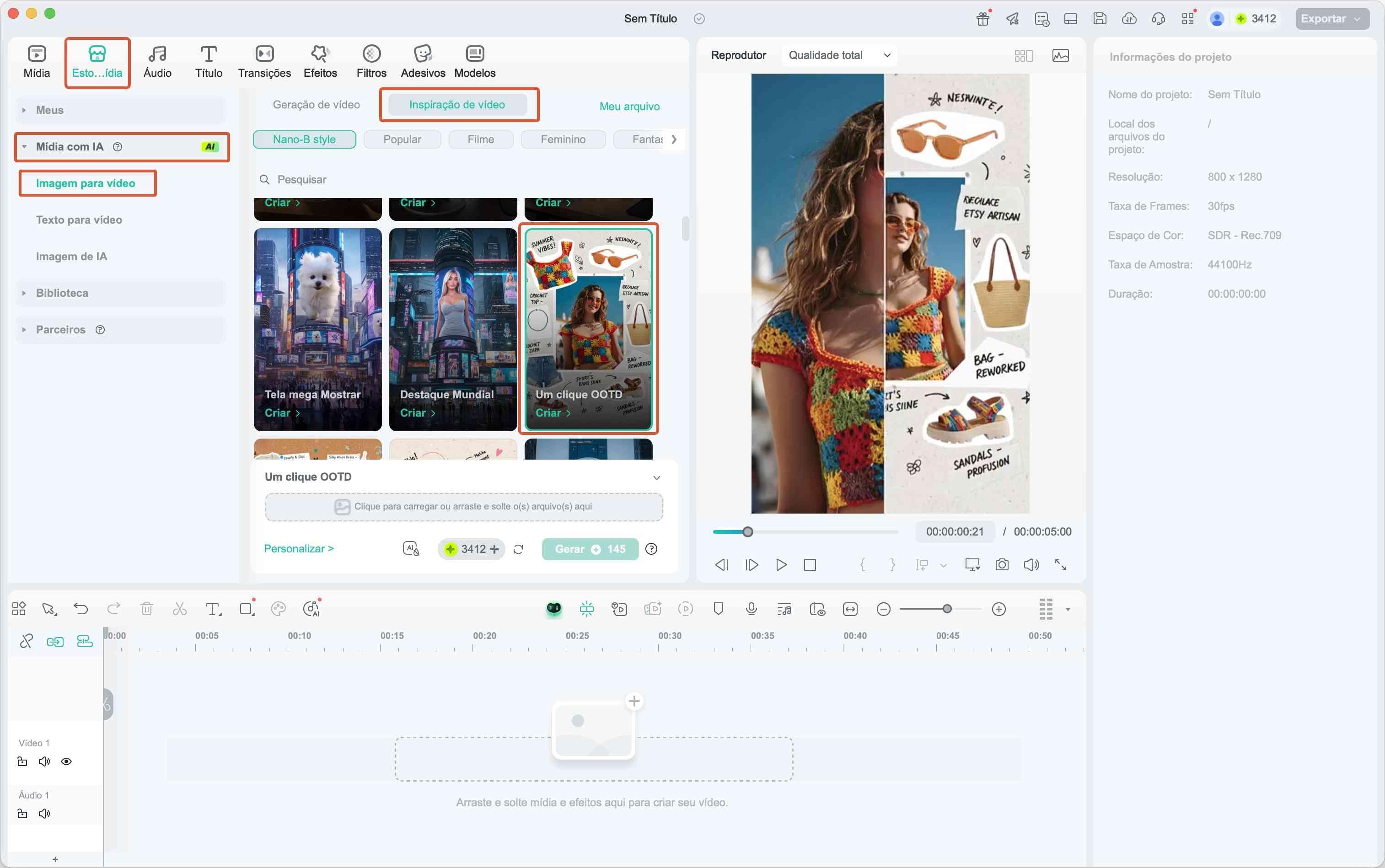 Como selecionar o filtro Um clique OOTD no menu de IA do Filmora