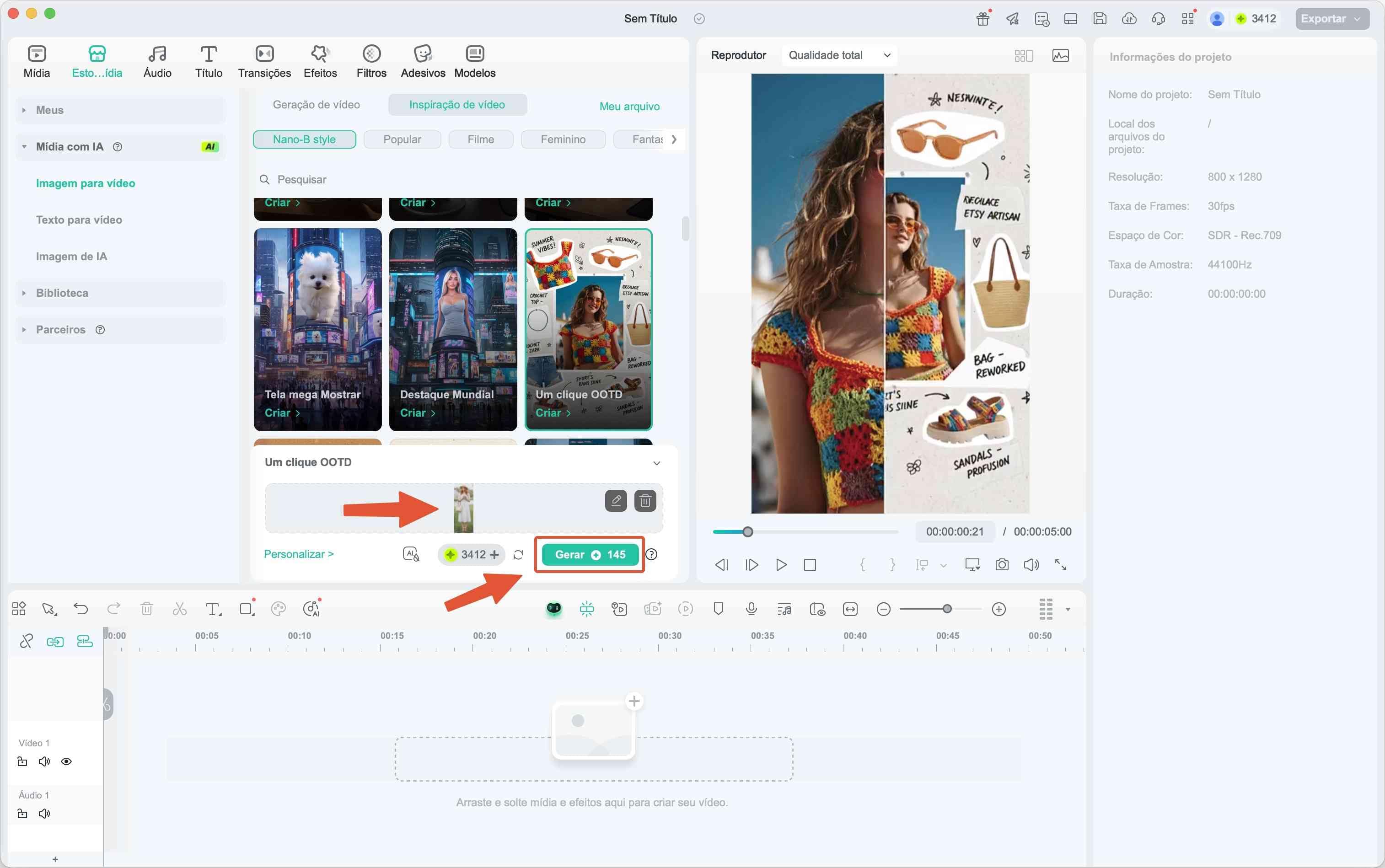 Processo de geração de vídeo a partir de uma foto de look no Filmora
