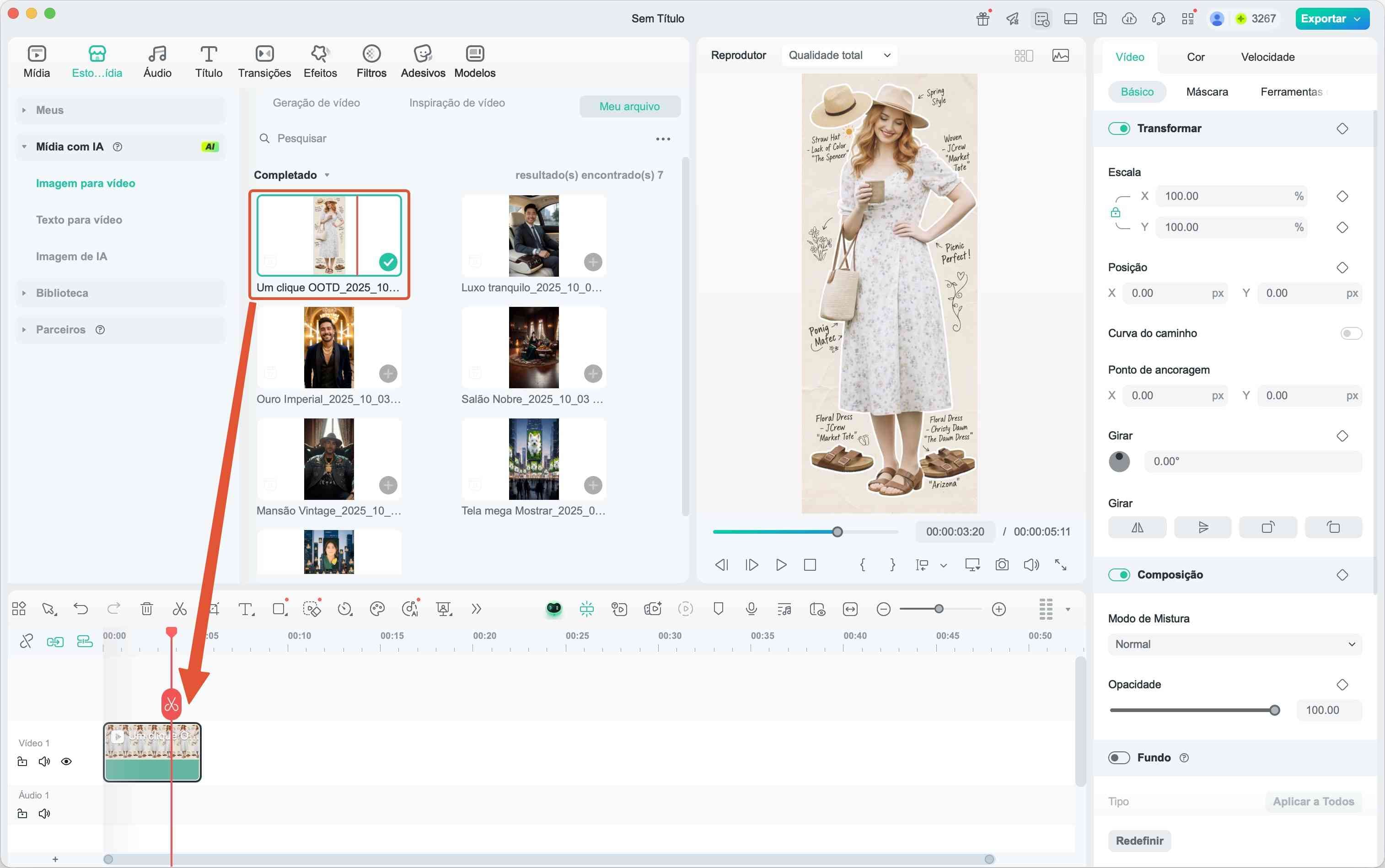Edição final do vídeo de outfit na linha do tempo do Filmora