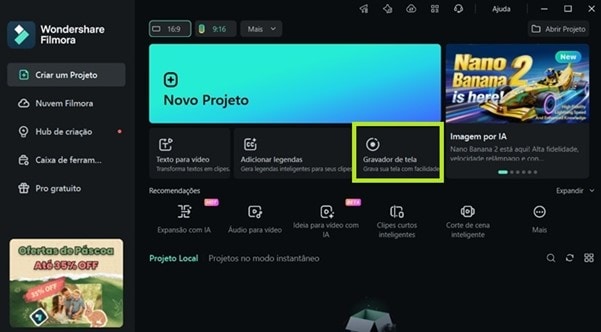 Passo 2: Configurando o gravador de tela do Filmora para capturar vídeos online