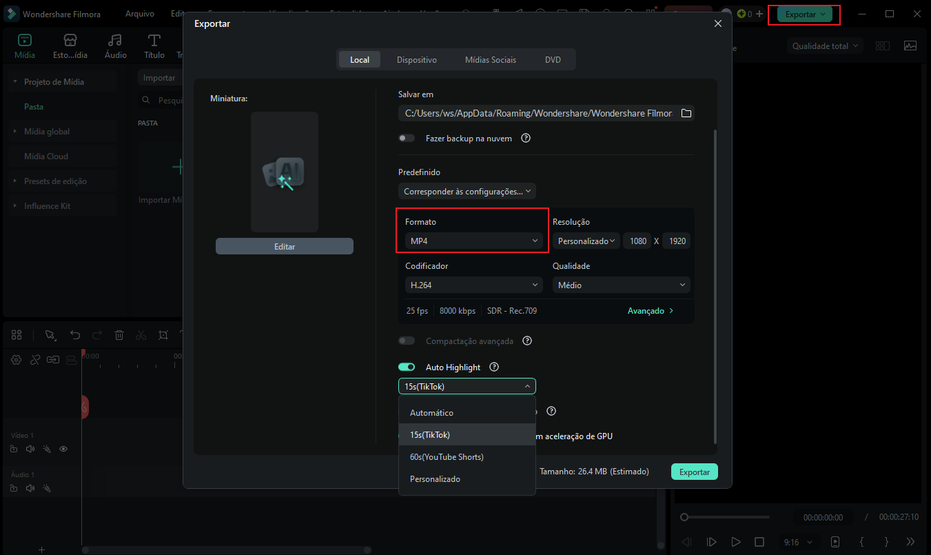 Exportar um vídeo como MP4 no Filmora