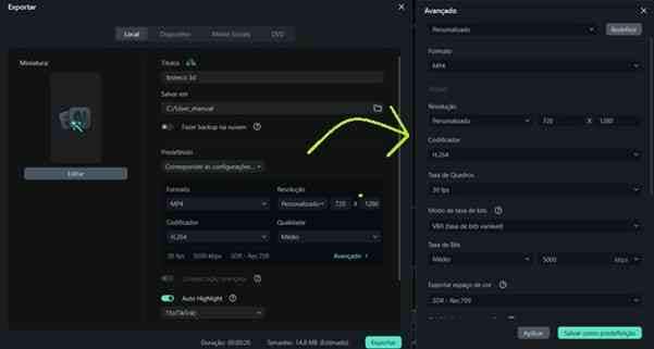 Passo 4: Ajustando codec H.264 e resolução de saída para compatibilidade automotiva