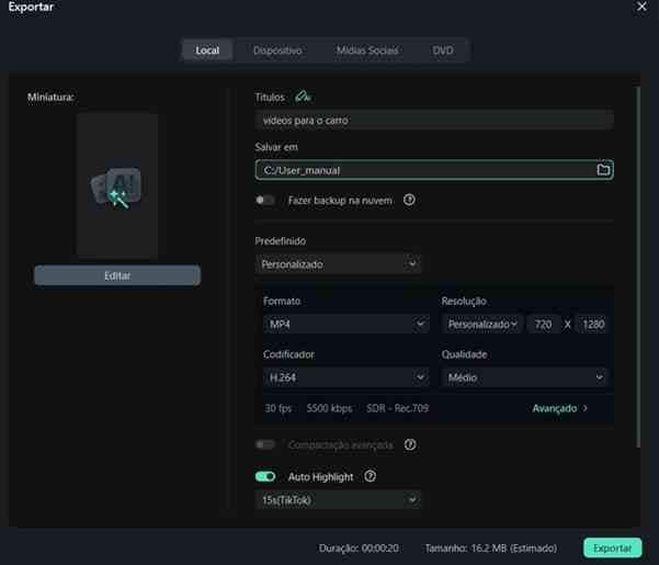Passo 5: Concluindo a exportação do vídeo otimizado para o pendrive