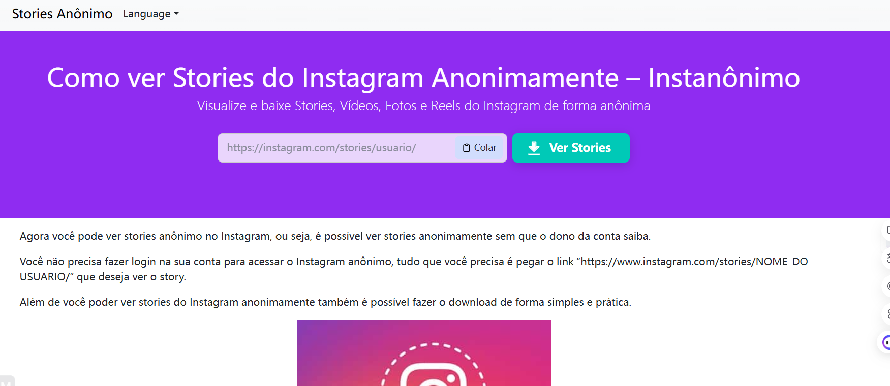 homepage do Instanônimo com campo para colar link do perfil
