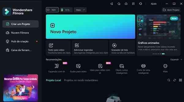 Passo 1: Selecionando a opção de Novo Projeto na tela inicial do software Filmora