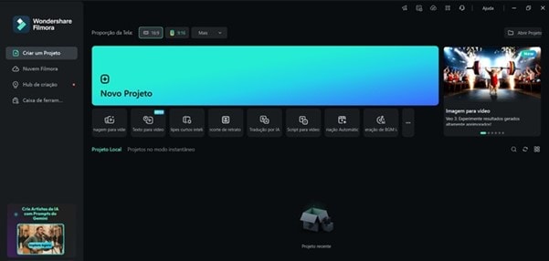 Passo 1: Iniciar novo projeto no software Filmora